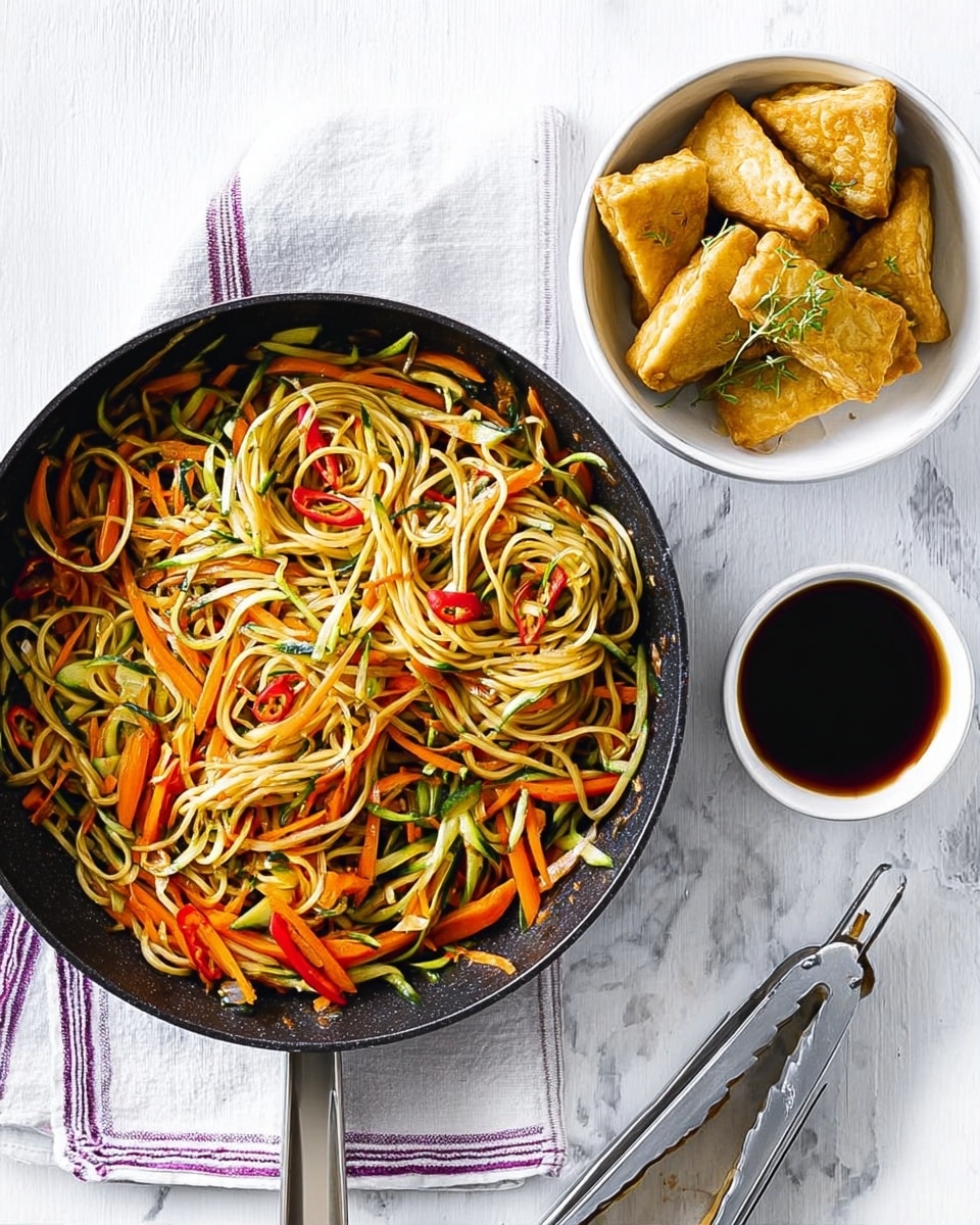 A round black pan filled with stir-fried noodles layered with thin strips of orange carrots and green vegetables, showing a mix of yellowish noodles and colorful veggies. To the right, a small white bowl holds golden crispy fried tofu pieces garnished with thin green herbs, all resting on a white marbled surface. Below the tofu bowl, a small cup filled with dark soy sauce sits beside a silver spatula and fork, all placed on a white cloth with purple stripes. A woman's hand is holding the pan handle from the top left. Photo taken with an iphone --ar 4:5 --v 7