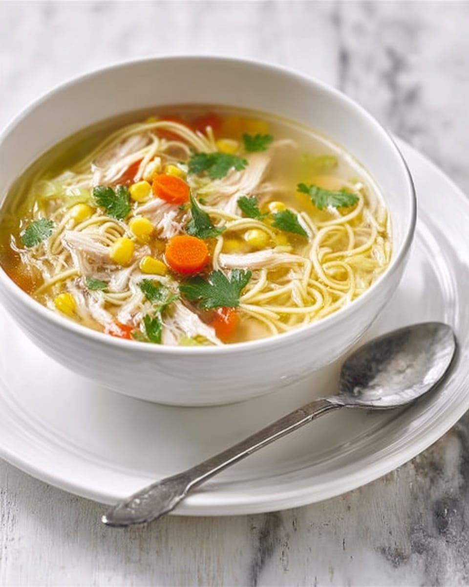 A white bowl filled with clear chicken noodle soup shows multiple layers: the bottom layer is light broth, with thin yellow noodles spread inside; above that, shredded light brown chicken pieces and small orange carrot slices; on top, bright yellow corn kernels and green herbs like parsley, giving a fresh look. The bowl sits on a white matching plate with a silver spoon placed on the right side. The background is a white marbled texture. photo taken with an iphone --ar 4:5 --v 7