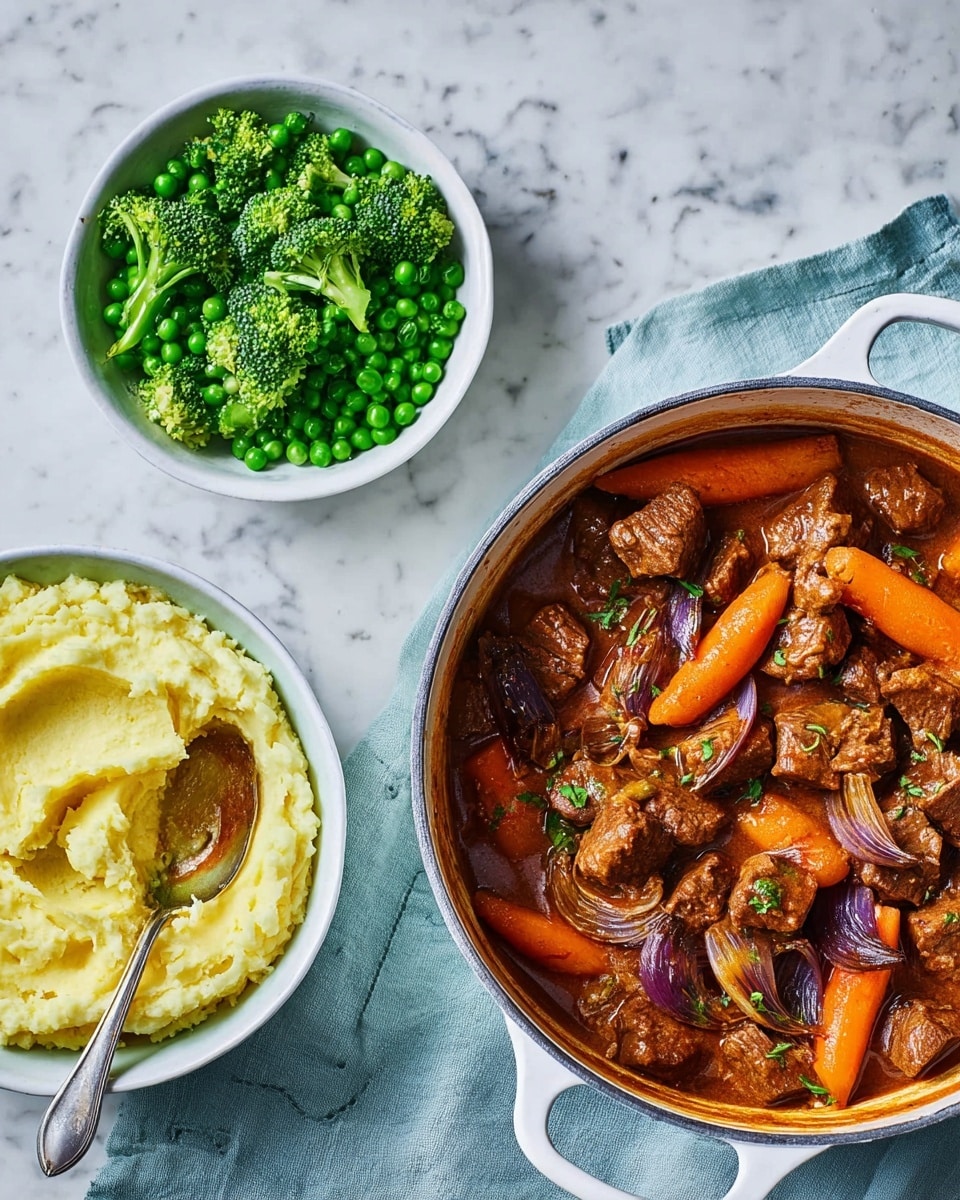 A white pot filled with a thick stew showing three main layers: on top, bright orange carrot chunks cut into sticks, mixed with dark brown beef pieces evenly spread, scattered bay leaves, and chunks of lighter brown mushrooms and purple shallots sitting in a rich, reddish-brown broth; next to the pot, a white bowl contains creamy mashed yellow potatoes with a smooth texture and a spoon resting inside; beside that, another white bowl is full of bright green broccoli florets and peas creating a fresh and vibrant contrast. Everything is set on a white marbled surface with a folded blue cloth under the pot photo taken with an iphone --ar 4:5 --v 7