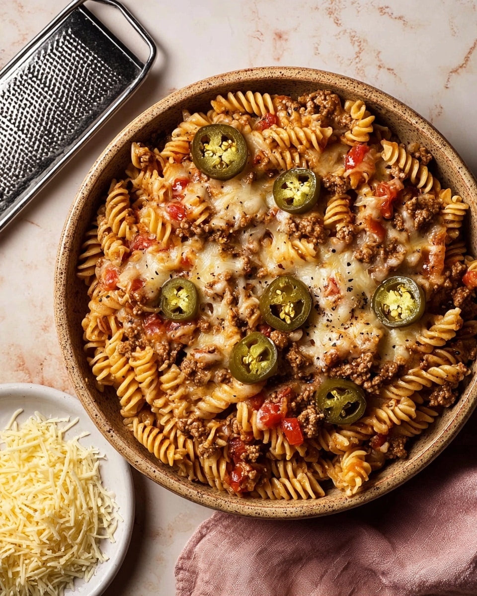 A round, brownish ceramic bowl filled with three main visible layers: the bottom layer is twisted pasta spirals in a light orange color mixed with small chunks of cooked ground meat and diced red tomatoes; the middle layer is melted white cheese spread evenly over the pasta, with a slightly melted and gooey texture; the top layer is green sliced jalapeños scattered across the cheese, with a sprinkle of black pepper on top. The bowl is placed on a white marbled surface with a pink cloth draped on the left side and a white plate holding a metal grater and shredded cheese on the right. photo taken with an iphone --ar 4:5 --v 7