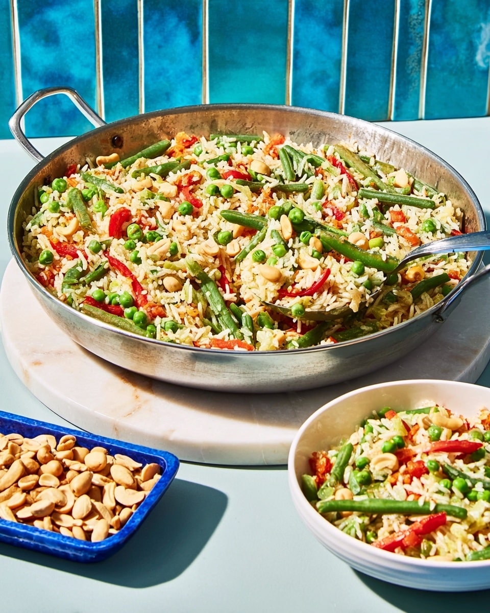 The image shows a large metal pan filled with a colorful rice dish featuring green beans, chopped red peppers, edamame pods, and grains of brown rice mixed evenly. A silver spoon rests inside the pan, slightly scooping the rice. Next to the pan, on a white plate, there is a smaller serving of the same dish. Nearby, on a small white square dish, there are some light brown cashew nuts. The items are set on a white marbled surface with a vibrant blue tiled wall in the background. photo taken with an iphone --ar 4:5 --v 7