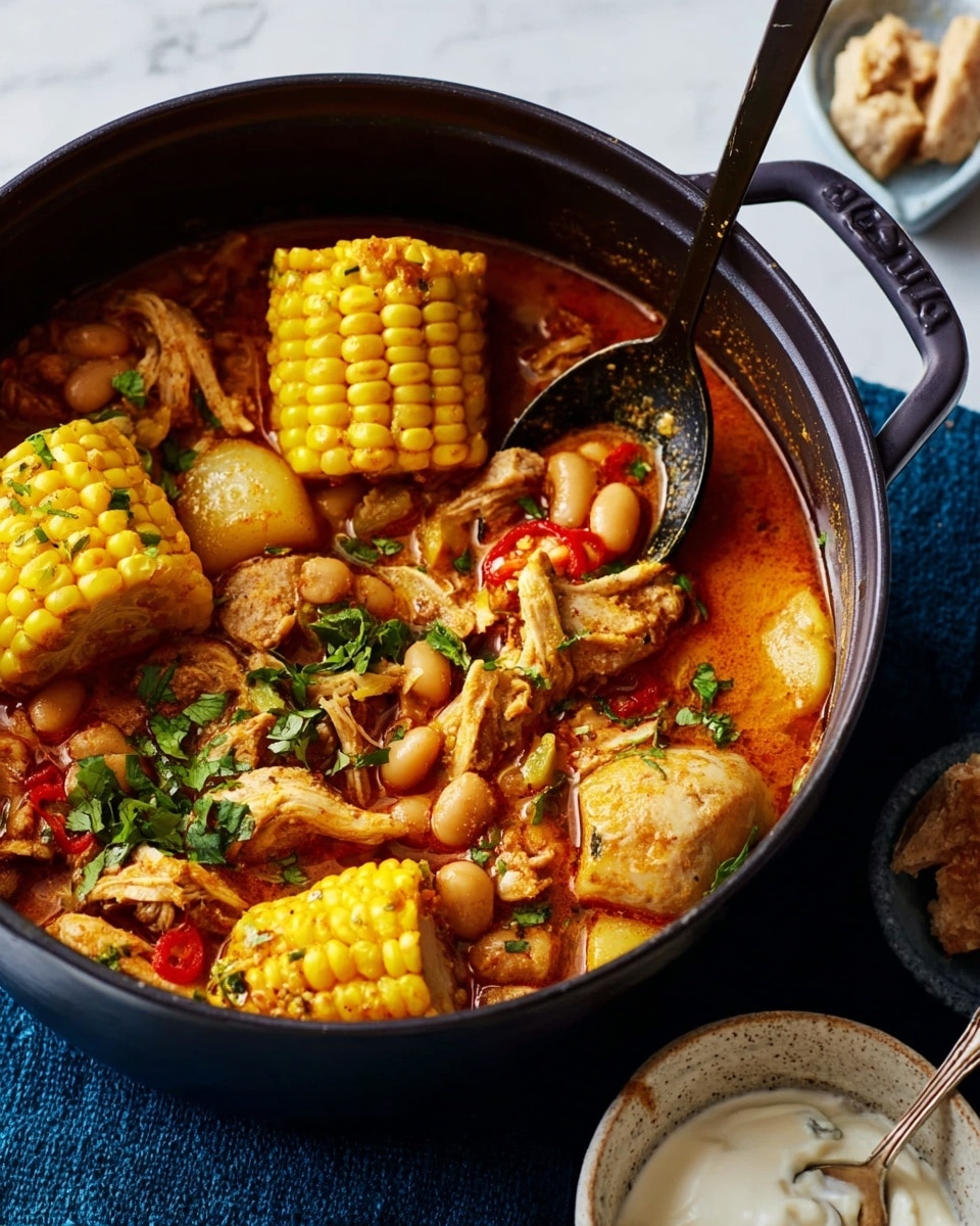 A large cream-colored pot filled with a rich stew showing several thick yellow corn pieces standing upright around the pot, mixed with chunks of light brown chicken, small light brown beans, and large white potato pieces, all floating in a reddish broth. Bright red bell pepper bits and fresh green parsley leaves are scattered on top, adding color contrast. A black ladle is resting inside the pot. Next to the pot, there is a small white bowl with thick white cream and a spoon inside, placed on a deep blue textured cloth on a white marbled surface. Photo taken with an iphone --ar 4:5 --v 7