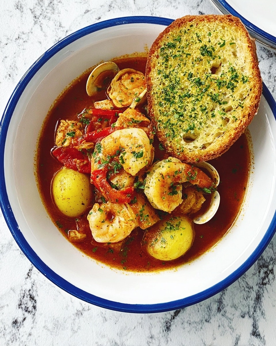 The dish shows a white bowl with a blue rim placed on a white marbled surface. Inside, there is a rich, deep red broth filling the bowl. Floating on top are light brown potato slices, pink shrimp, yellow mussels with dark edges, and pieces of reddish meat or sausage. On one side of the bowl, two slices of golden brown toasted bread with green herb butter are placed, resting partially on the soup. Small bits of green herbs are sprinkled over the dish. Photo taken with an iphone --ar 4:5 --v 7