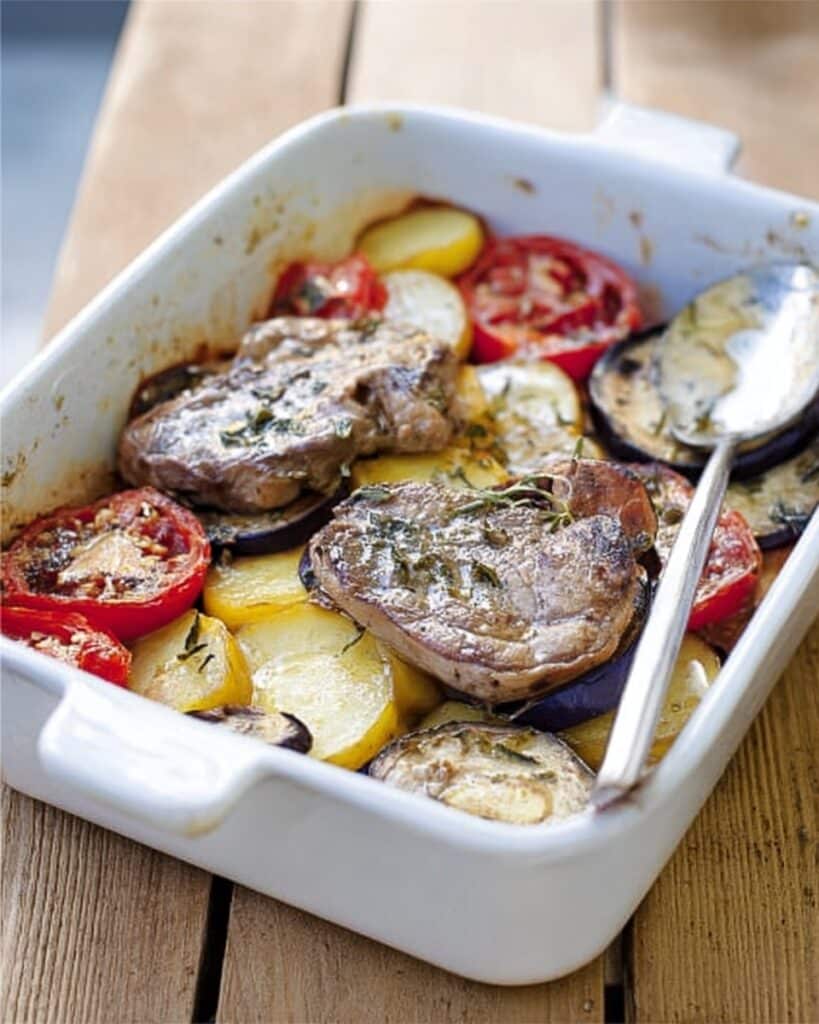 Greek Lamb with Potatoes, Tomatoes, and Olives Recipe