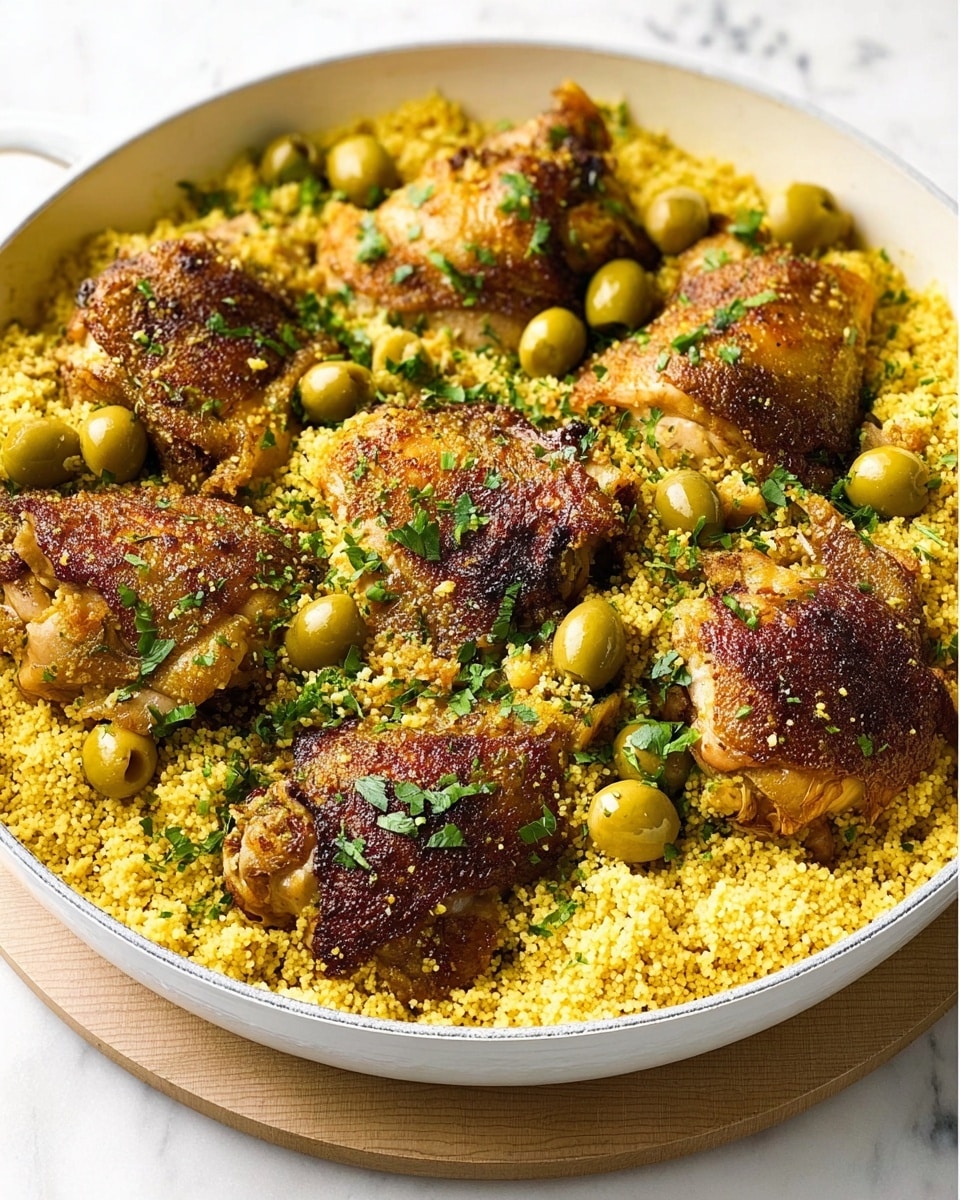 A large white pot filled with a colorful dish showing several pieces of browned chicken layered on top of a bed of bright yellow couscous mixed with green herbs and olives. The chicken pieces have a crispy texture and a golden-brown color. The couscous looks fluffy with small grains, and the herbs add scattered green spots throughout the dish. The pot is sitting on a light wooden board placed on a white marbled surface. photo taken with an iphone --ar 4:5 --v 7