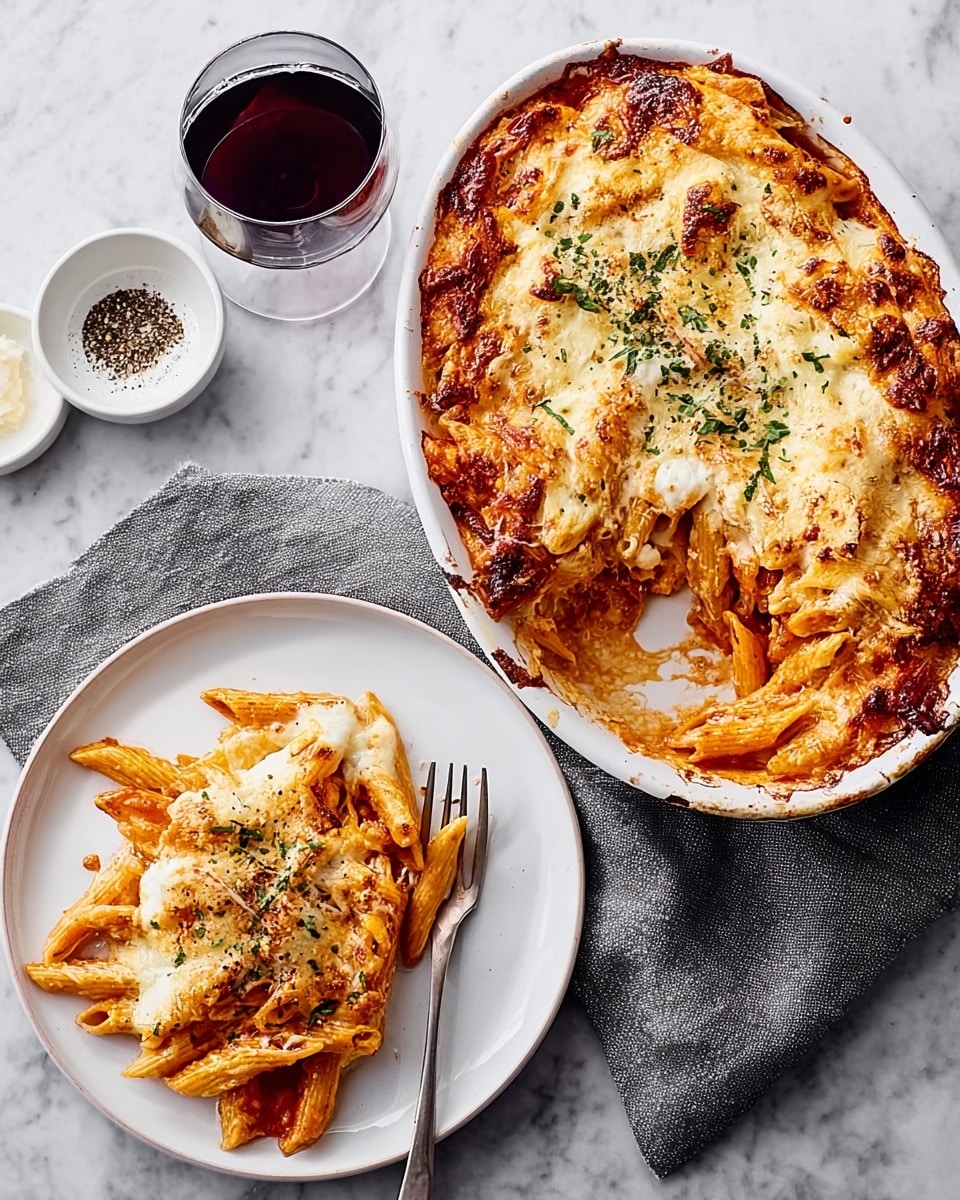 The image shows a large white oval dish filled with baked pasta covered in golden brown melted cheese with some green herbs sprinkled on top. One side of the dish has a scoop of pasta removed, revealing layers of pasta, rich red sauce, and cheese underneath. Next to the dish is a white round plate holding a serving of the baked pasta, topped with melted cheese and herbs. A glass of dark red drink and a small white bowl with seasoning are placed near the plate, all set on a white marbled surface, with a grey cloth nearby. photo taken with an iphone --ar 4:5 --v 7