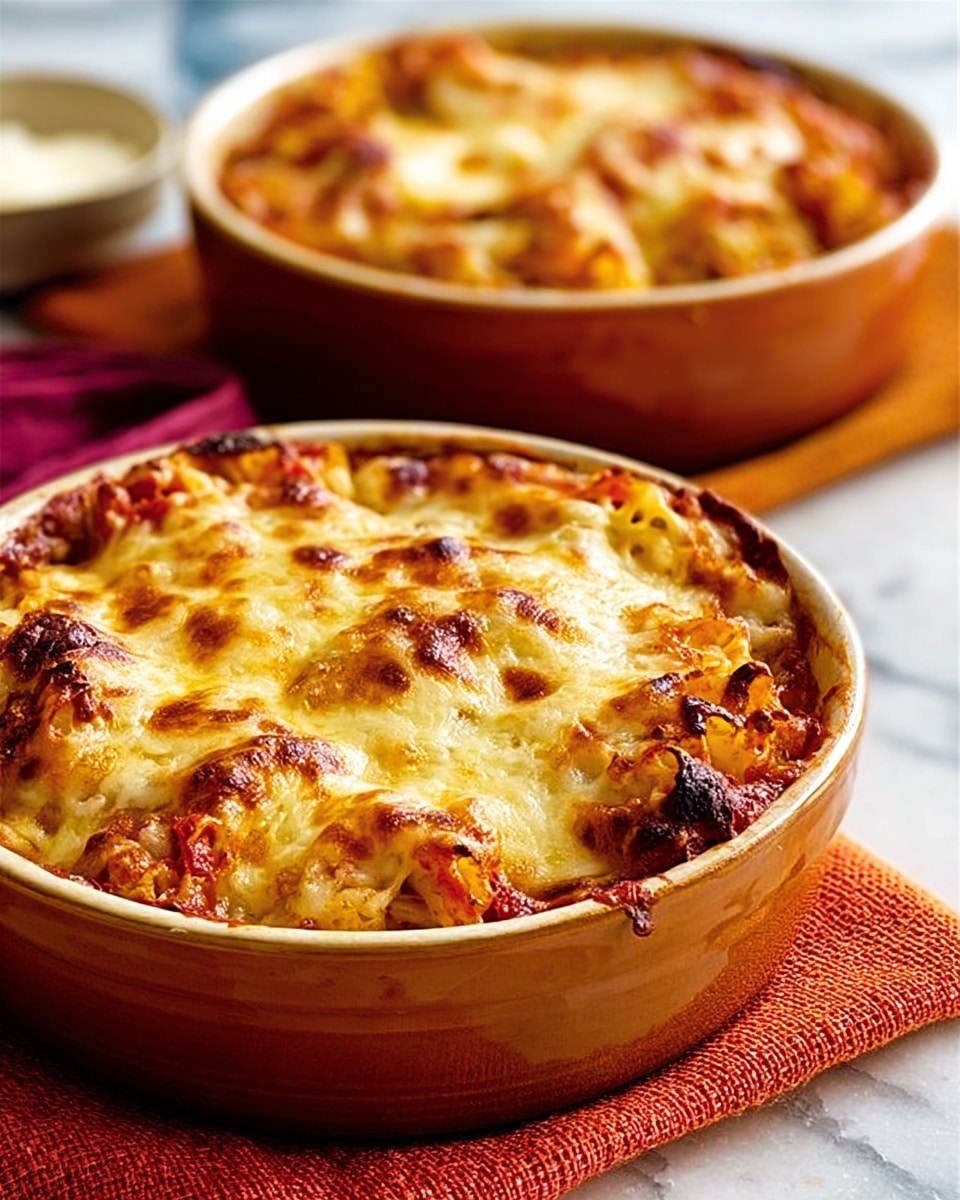 The image shows two round baking dishes filled with lasagna, with the nearest one being dark blue and the other a yellow ceramic dish. Each lasagna has a golden-brown cheesy top layer with melted cheese that is slightly bubbly and browned, and beneath, a visible mixture of tomato sauce and pasta layers peek through. The dishes rest on a wooden surface with an orange knitted cloth under the closer dish, adding texture and warmth. In the background, there is a white bowl with blue stripes, all set against a white marbled surface. Photo taken with an iphone --ar 4:5 --v 7