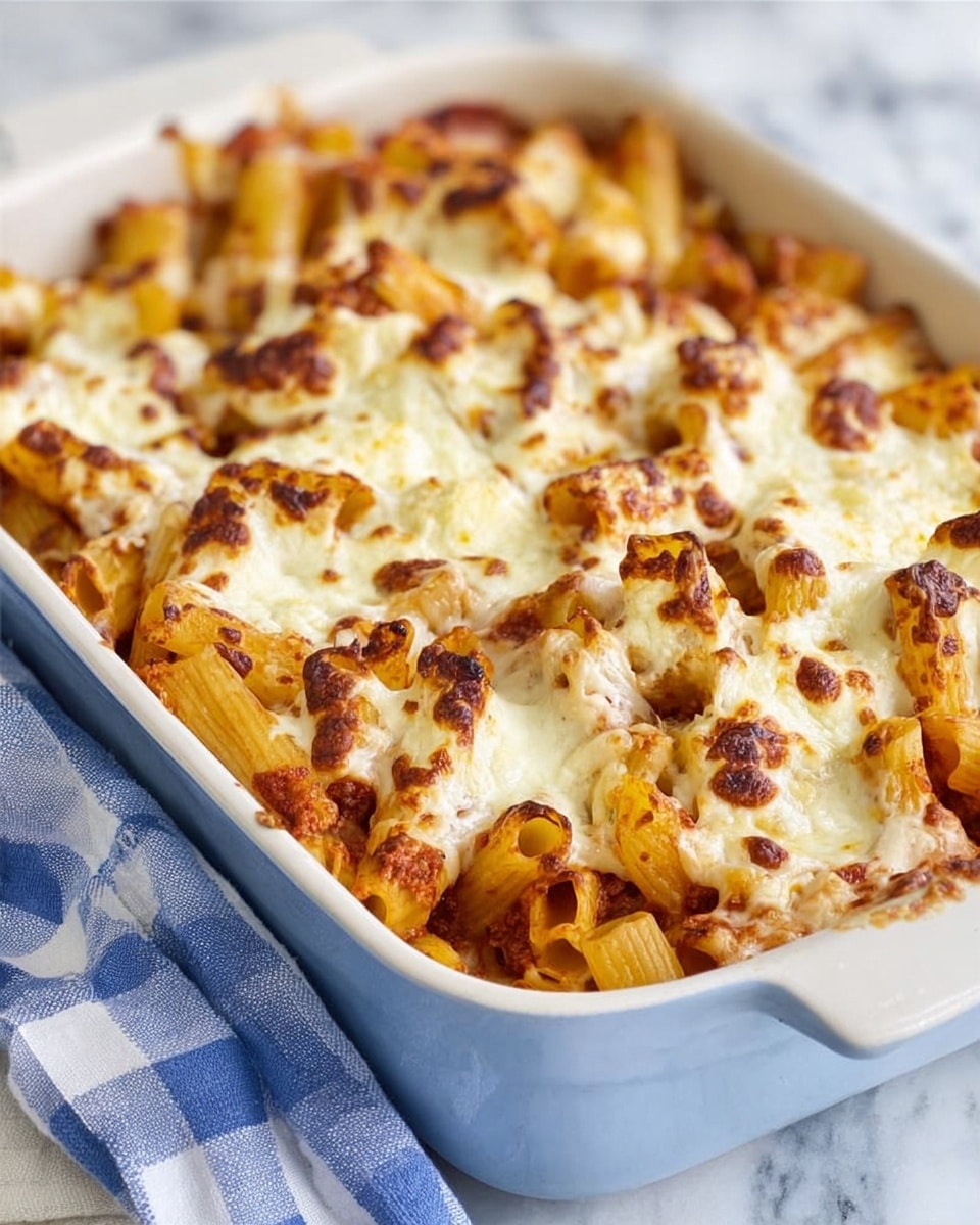A close-up view of a white rectangular baking dish filled with baked penne pasta. The pasta is a light golden brown color with melted, slightly browned white cheese dolloped unevenly across the top. The pasta pieces are scattered in different directions, some slightly crunchy on the edges. The dish rests on a wooden surface with a blue and white checkered cloth nearby. The background has a white marbled texture. Photo taken with an iphone --ar 4:5 --v 7