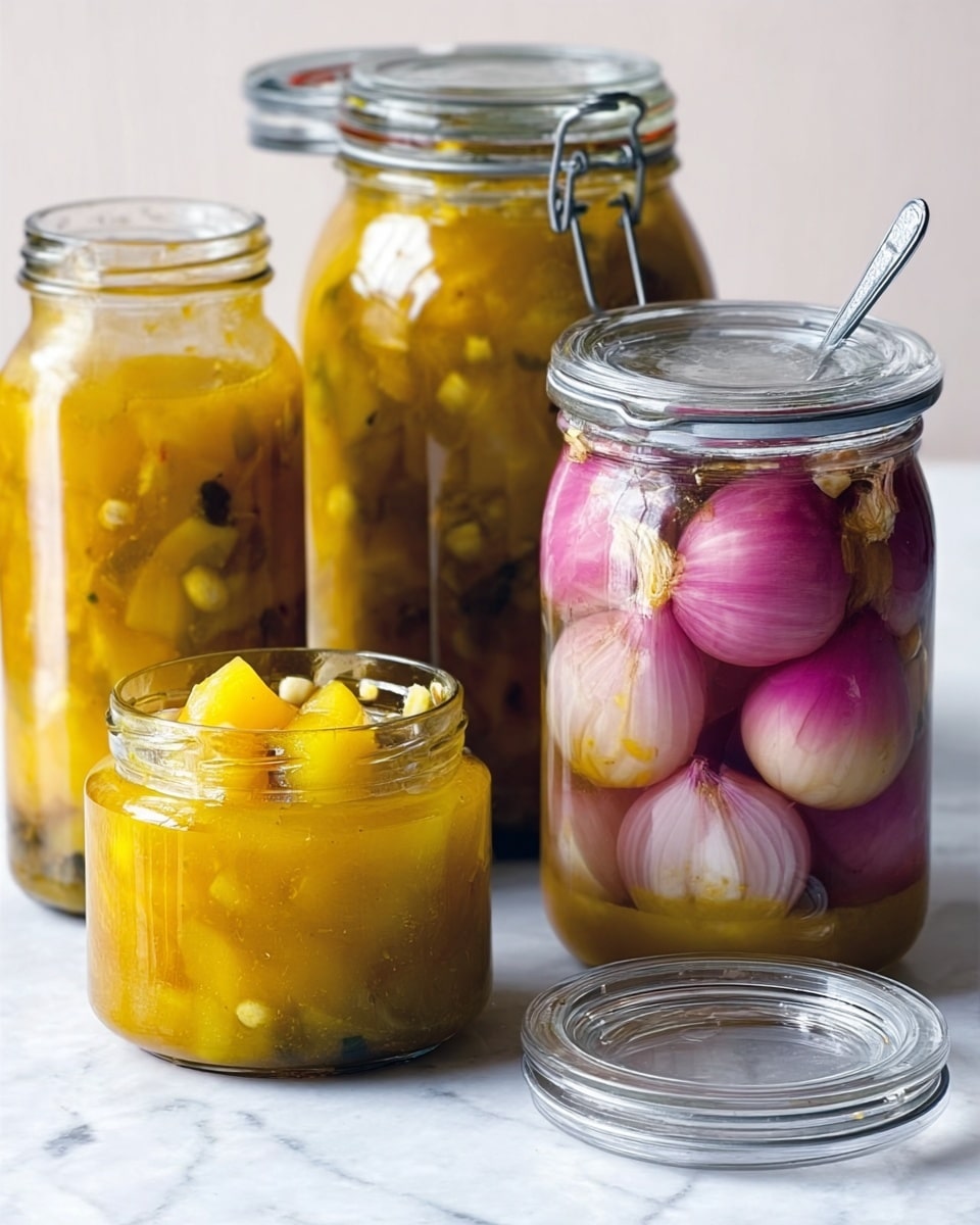 The image shows several clear glass jars filled with different pickled items placed on a white marbled surface. One jar in the front left contains yellow pickled vegetables with visible seeds and a small spoon inside. Another jar to the right is filled with light purple and pink pickled onions submerged in brine, with the glass lid resting next to it. In the background, there is a taller jar filled with green pickled vegetables sealed with a metal clamp lid, and more jars slightly out of focus. The overall scene has soft natural light highlighting the textures and colors inside the jars. Photo taken with an iphone --ar 4:5 --v 7