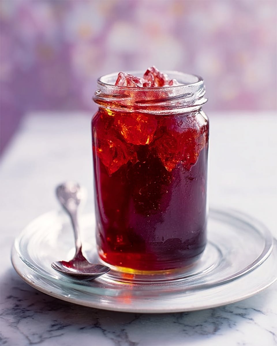 The image shows a clear, tall glass jar filled with dark amber-colored jelly or jam that has a shiny, gel-like texture. The jam reaches just below the rim of the jar, with some clumps and lumps visible inside, giving it a slightly uneven and chunky look. The jar sits on a white round glass plate with a long, silver spoon resting on the plate beside it. The background features a soft blur and a white marbled surface underneath the plate. The light reflects softly off the jar and the spoon, highlighting the glossy surface of the jam. Photo taken with an iphone --ar 4:5 --v 7