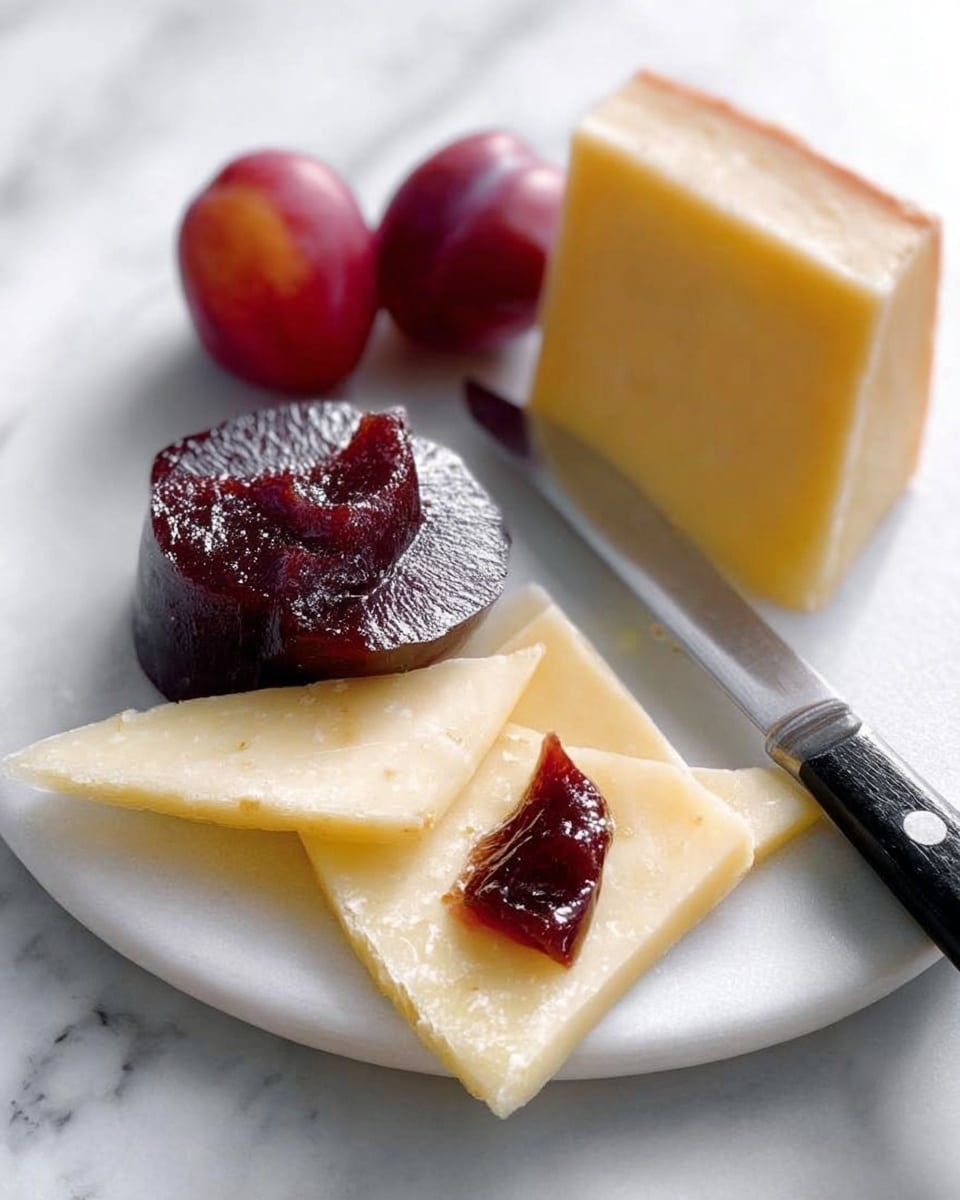 The image shows a small stack of three food items on a white marbled surface: a wedge of pale yellow cheese with a smooth texture and some tiny holes, a dark reddish-brown fruit paste roll with a shiny and slightly sticky surface dusted with white powder, and two small plums—one whole with a deep red color and a round shape, and one cut in half showing a juicy bright red inside with a small pit. To the right, there is a knife with a black handle resting on the surface. Photo taken with an iphone --ar 4:5 --v 7