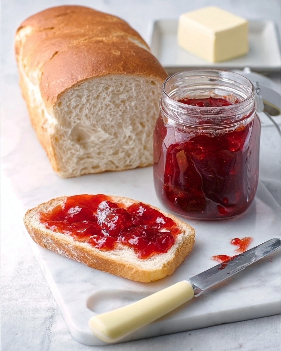 The image shows a white marble surface with a loaf of bread placed at the back left, with one slice cut and laid flat in front of it. The slice of bread has a thick layer of dark red jam spread unevenly, showing the glossy texture and chunks inside the jam. To the right of the bread is a clear glass jar filled with the same dark red jam, with the lid open and resting beside it. A butter dish holding a pale yellow block of butter is placed further back to the right. In the front, a knife with a pale yellow handle rests on the surface, smeared with some jam on the blade. Photo taken with an iphone --ar 4:5 --v 7