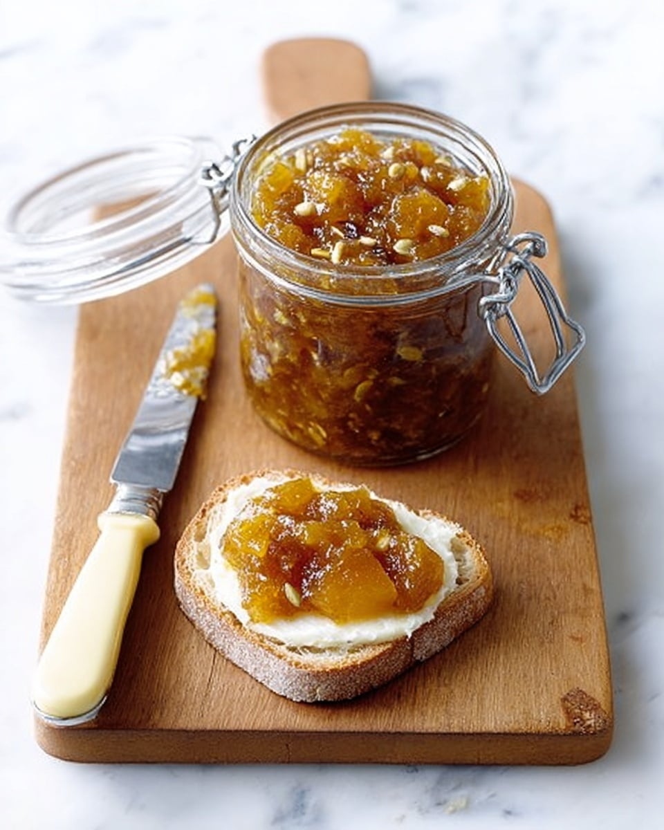 A clear glass jar with a metal clasp is filled with chunky golden brown chutney full of fruit pieces. The jar is placed on a wooden cutting board, next to a slice of bread with a creamy light yellow spread, topped with a spoonful of the chutney. A knife with a cream-colored handle rests on the cutting board, with some chutney on its blade. Everything sits on a white marbled surface. Photo taken with an iphone --ar 4:5 --v 7
