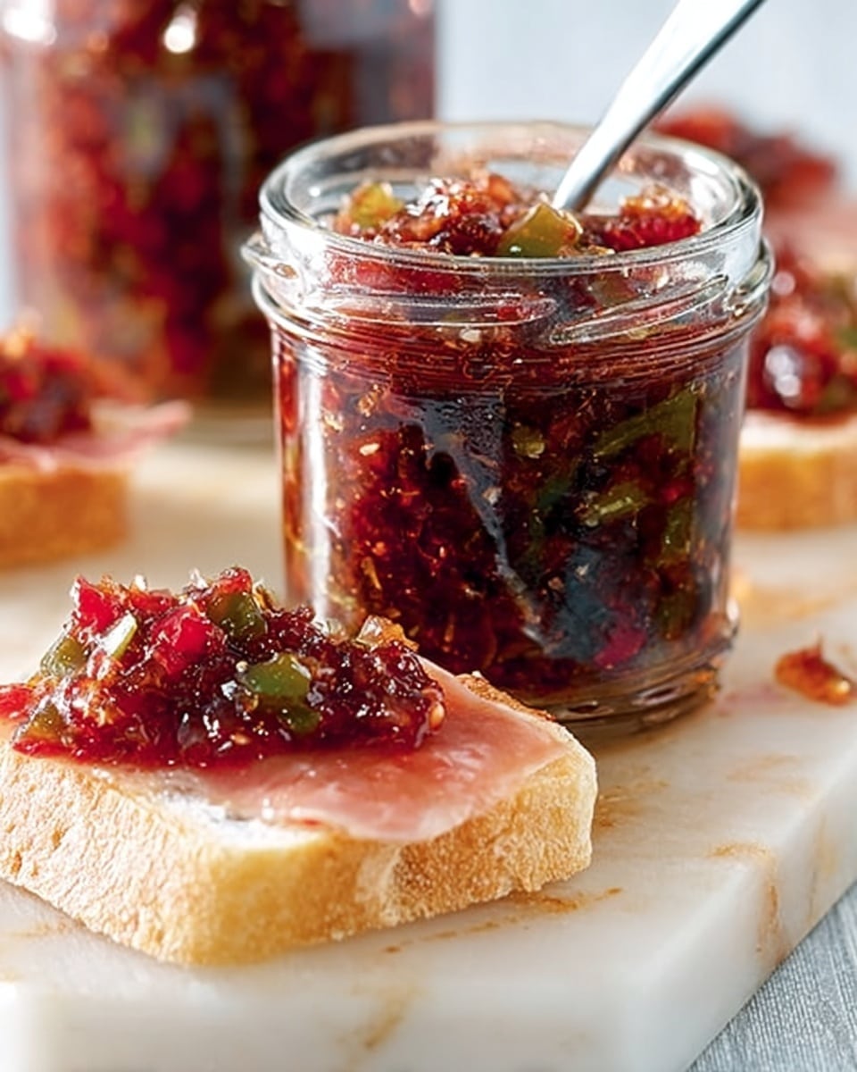 The image shows a close-up of a clear glass jar filled with a chunky, dark red chutney that has visible bits of green and seeds inside, sealed with a metal clasp. In the front, a small slice of crusty white bread with a rough texture is topped with a generous spoonful of the same chutney, dripping slightly over the edges. A silver spoon rests inside the jar, with its handle sticking out. The background shows another identical jar, slightly out of focus, placed on a white marbled surface with soft, neutral lighting. A piece of white cloth with red stripes is visible in the background. photo taken with an iphone --ar 4:5 --v 7