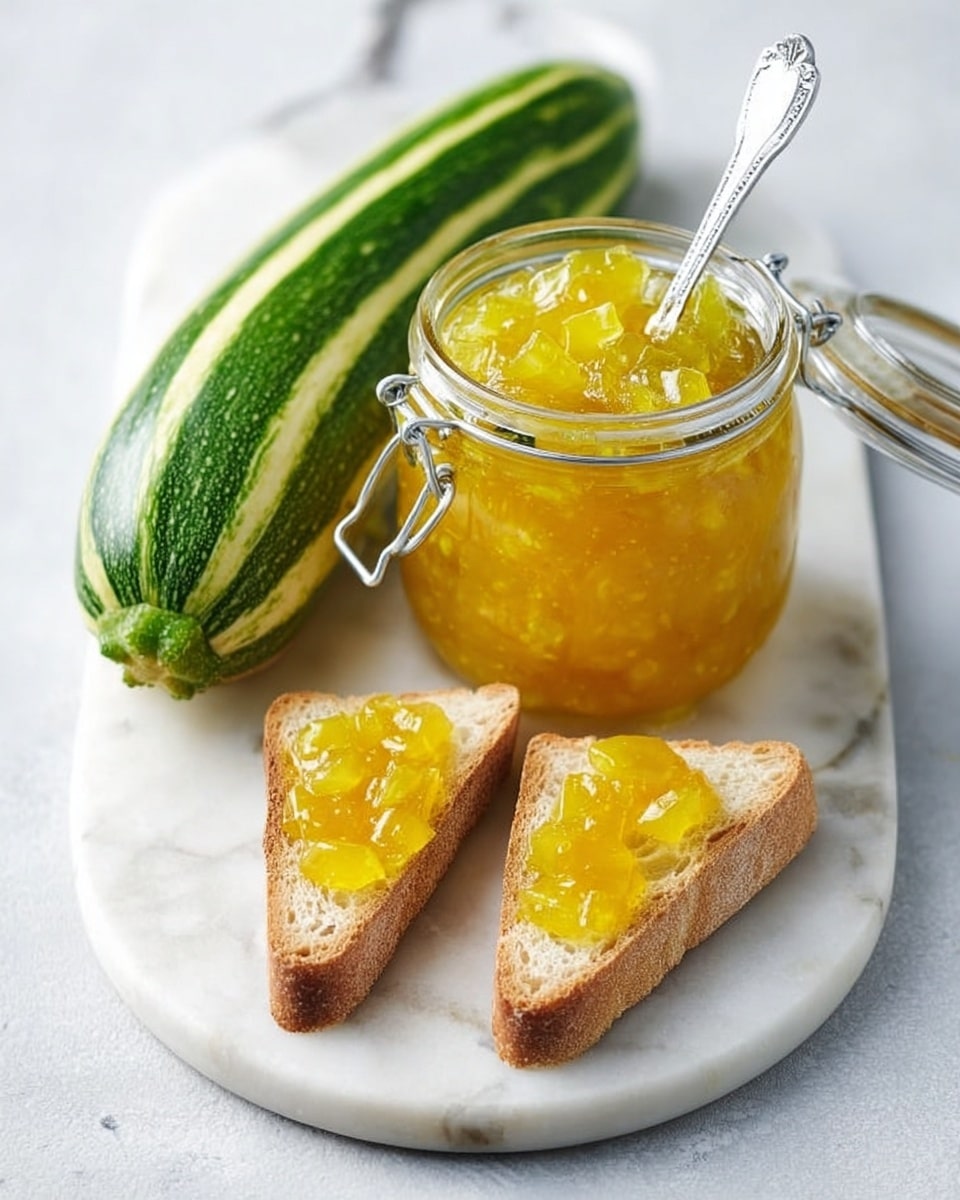 The image shows a round white marble board on a white marbled surface, featuring a large green zucchini lying horizontally on its side to the left. Next to it, there is a clear glass jar with a metal clasp lid, filled with bright yellow chunky jelly or jam. In front of the jar, two slices of bread are placed side by side, topped with generous layers of the same yellow jelly, showing glossy, translucent texture. A spoon is inside the jar, its handle sticking out, and the lighting highlights the shiny, fresh look of the jam and the natural texture of the bread crust. Photo taken with an iphone --ar 4:5 --v 7