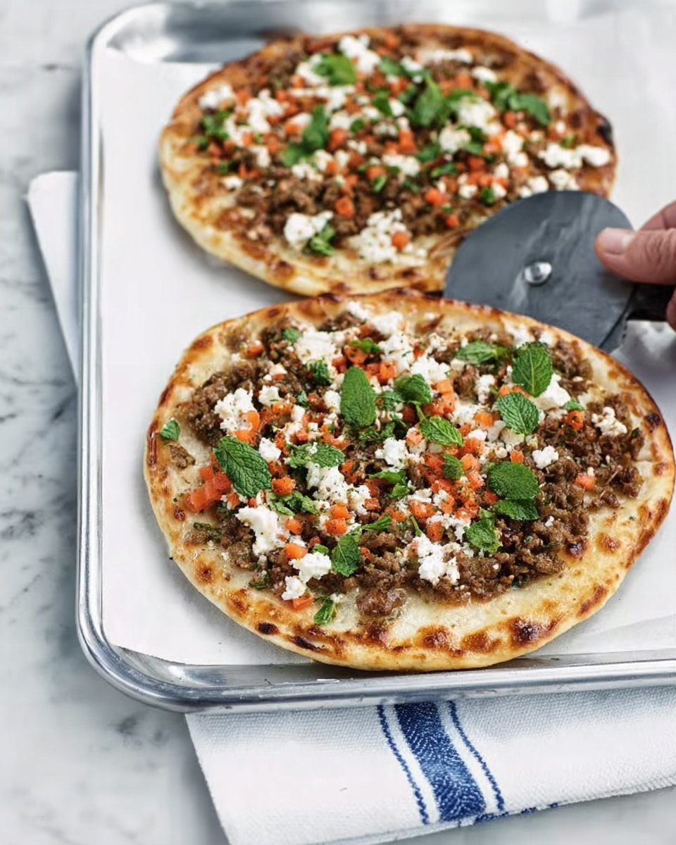 Two round flatbreads sit on a silver baking tray, each topped with a mixture of small crumbled brown cooked meat, finely chopped red tomatoes, and creamy white dollops of sauce scattered on top. Bright green fresh herbs are sprinkled randomly over the toppings, adding color contrast. The flatbreads have golden-brown edges that look crispy, and the tray is placed on a white cloth with a blue striped section, all set on a white marbled surface. photo taken with an iphone --ar 4:5 --v 7