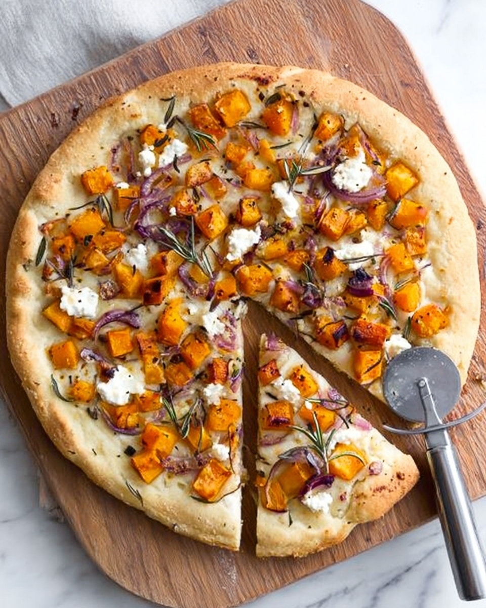 A round pizza with a golden-brown crust that is thick and puffy around the edges, topped with small, bright orange cubes of roasted butternut squash scattered evenly across the surface. There are also thin slices of purple-red onion spread out between the squash, along with dollops of creamy white cheese that look soft and slightly melted. Sprigs of fresh rosemary are placed sporadically on the top, adding green color and texture. The pizza is sitting on a wooden pizza board on a white marbled surface, and a silver pizza cutter is placed near the top right edge. One slice is cut and slightly pulled out, showing the crispy bottom crust. Photo taken with an iphone --ar 4:5 --v 7