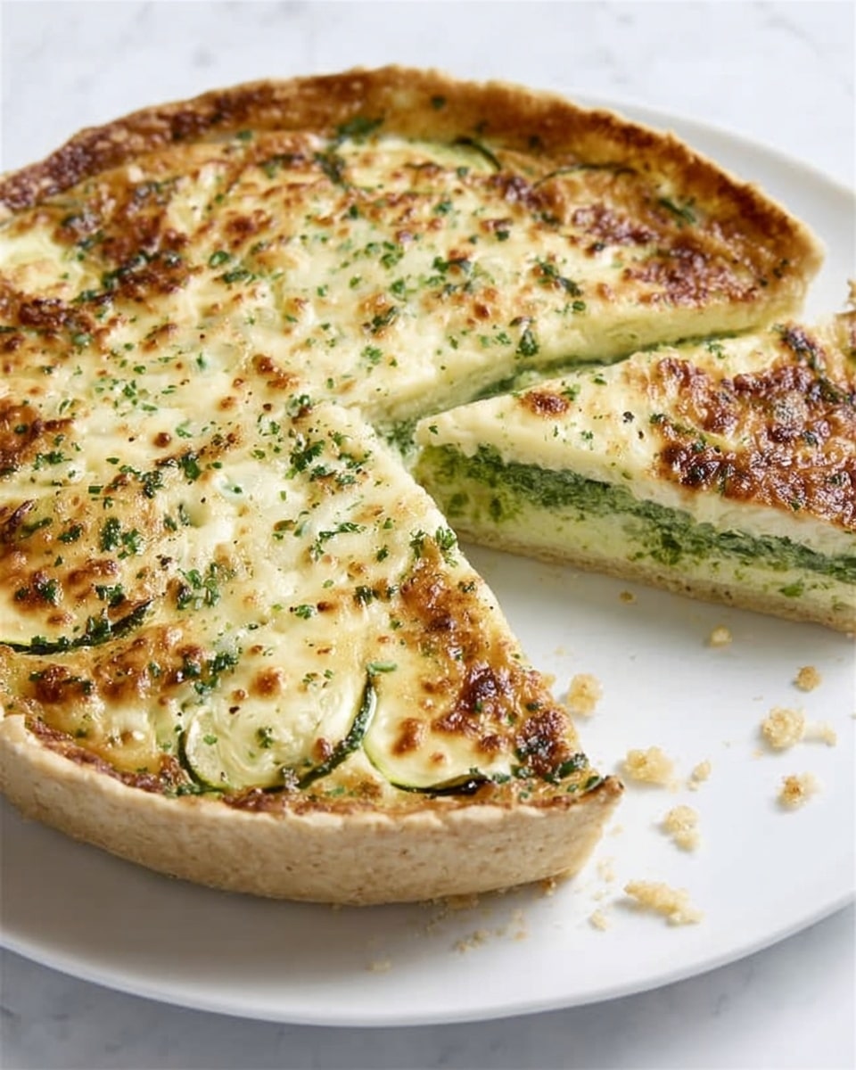 The image shows a round quiche with one slice removed, revealing three visible layers. The bottom layer is a light golden-brown crust with a crumbly texture. Above the crust is a thin green layer that looks like chopped spinach or similar greens. The top and thickest layer is a creamy, pale yellow mixture with browned and slightly crispy spots on the surface, likely from cheese and baked eggs, with visible pieces of green vegetables and bits of white onion or similar. The quiche sits on a clean, white plate on a white marbled surface. photo taken with an iphone --ar 4:5 --v 7
