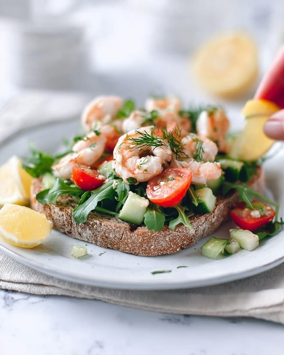 The image shows an open sandwich on a white plate placed over a white marbled surface. The base layer is a slice of rustic brown bread with visible grain and a rough texture. On top of the bread is a layer of green arugula leaves, bright and fresh, followed by halved cherry tomatoes showing their juicy red insides. Next, small pale pink shrimp are scattered generously over the tomatoes and greens, mixed with diced light green cucumber pieces and fine sprigs of green dill, adding a fresh touch. In the background, a lemon wedge is placed on the plate next to the bread, and a blurred object is visible further back. The whole setup is bright and clean, with soft natural lighting. photo taken with an iphone --ar 4:5 --v 7