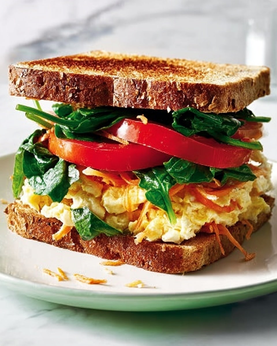 The image shows a three-layer sandwich placed on a white plate over a white marbled surface. The sandwich has three slices of toasted brown bread that look crunchy. The bottom layer is covered with dark green fresh spinach leaves and thin slices of bright red tomatoes. The middle layer has a mix of white creamy spread, shredded orange carrots, and more dark green spinach leaves. The top layer of the sandwich is another thick slice of toasted brown bread with a slightly darker toasted texture. The sandwich looks fresh and colorful with a mix of green, red, orange, and brown colors. photo taken with an iphone --ar 4:5 --v 7