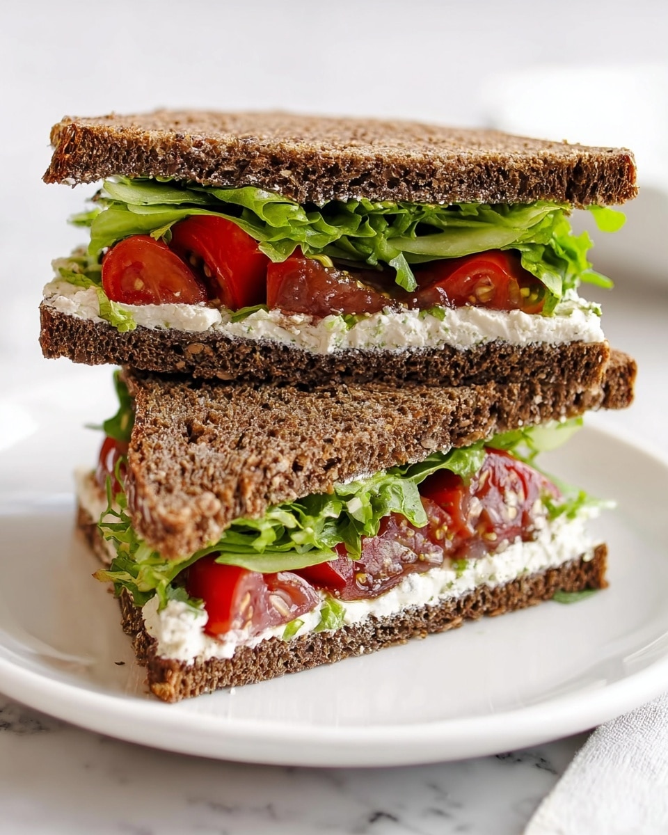 The image shows a sandwich cut into two triangular halves stacked on a white plate placed on a white marbled surface. The sandwich has three layers of brown, coarse-textured bread. Between the bread layers are fresh green lettuce leaves, bright red sliced cherry tomatoes, and white creamy spreads. The vegetables and spread layers look fresh and evenly placed, with the green leaves peeking out slightly from the sides. photo taken with an iphone --ar 4:5 --v 7