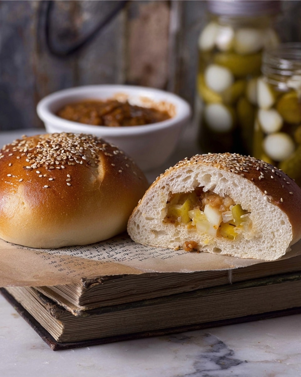 The image shows two small round bread rolls on top of two stacked old books with dark covers. One roll is whole with a golden brown crust topped with seeds, and the other is cut in half, revealing a soft white inside filled with chopped light yellow and orange vegetables. To the right, there is a clear glass jar filled with small pickles and white onions, and behind the rolls, there is a white bowl with a spoon inside, filled with a reddish-brown sauce on a white marbled surface. The photo taken with an iphone --ar 4:5 --v 7
