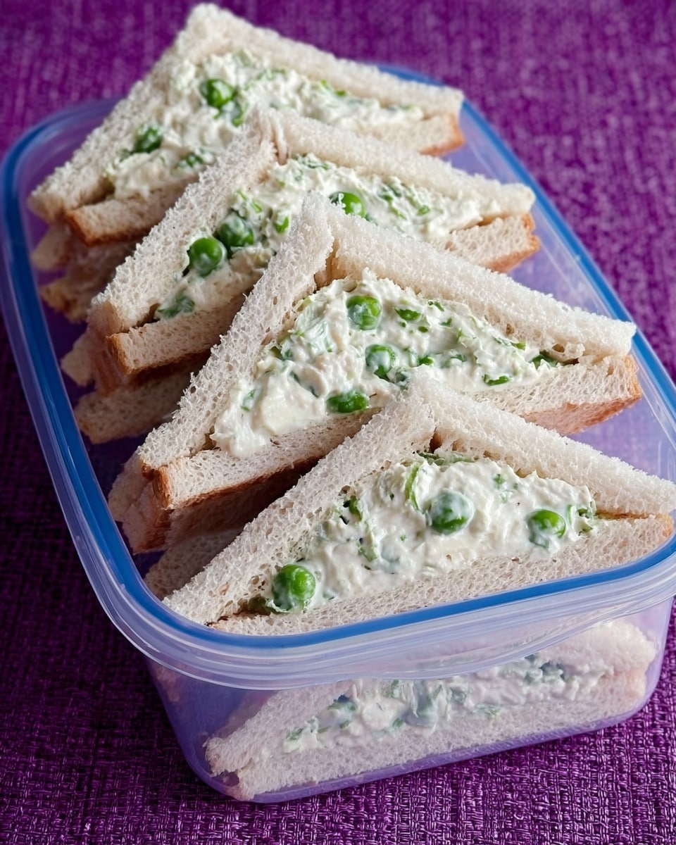 The image shows several triangular sandwiches neatly lined up inside a clear blue plastic container. Each sandwich has two layers of light brown, whole wheat bread with a creamy filling in between. The filling appears white and slightly chunky with small green pieces, likely chopped vegetables or herbs, giving it a fresh look. The sandwiches are placed on a purple textured cloth, but the background has been changed to a white marbled texture. photo taken with an iphone --ar 4:5 --v 7