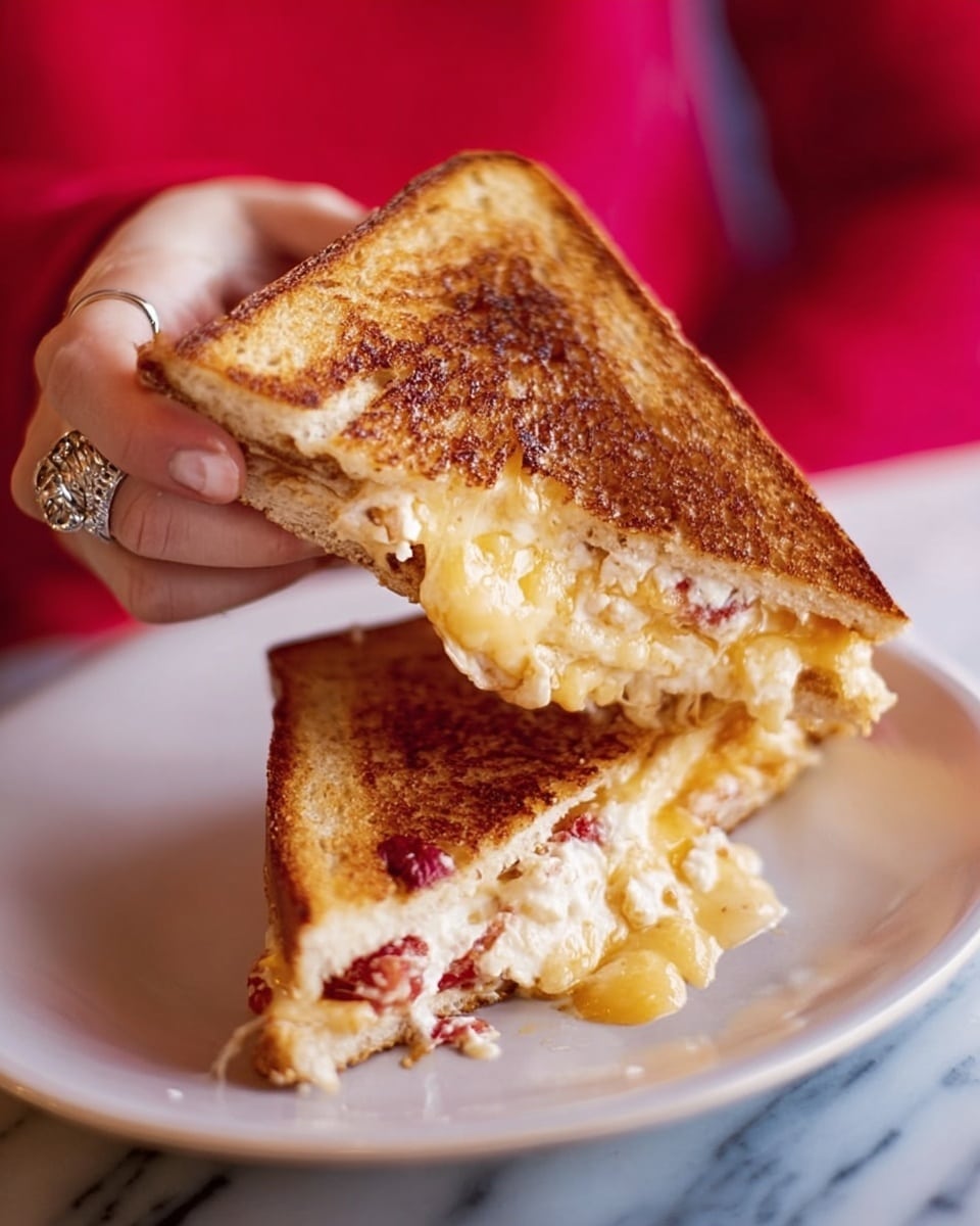A close-up image shows a woman's hand holding half of a grilled sandwich with a golden-brown, slightly crispy crust sprinkled with coarse salt. The sandwich is cut diagonally, revealing melted, creamy cheese stretching and dripping from the edges between the toasted white bread slices. Inside the sandwich, there are visible layers of thinly sliced meat with a pinkish color and some white cheese. The other half of the sandwich sits directly on a white plate with a subtle shine, placed on a white marbled surface. The background is a soft red blur that contrasts with the sandwich. Photo taken with an iphone --ar 4:5 --v 7