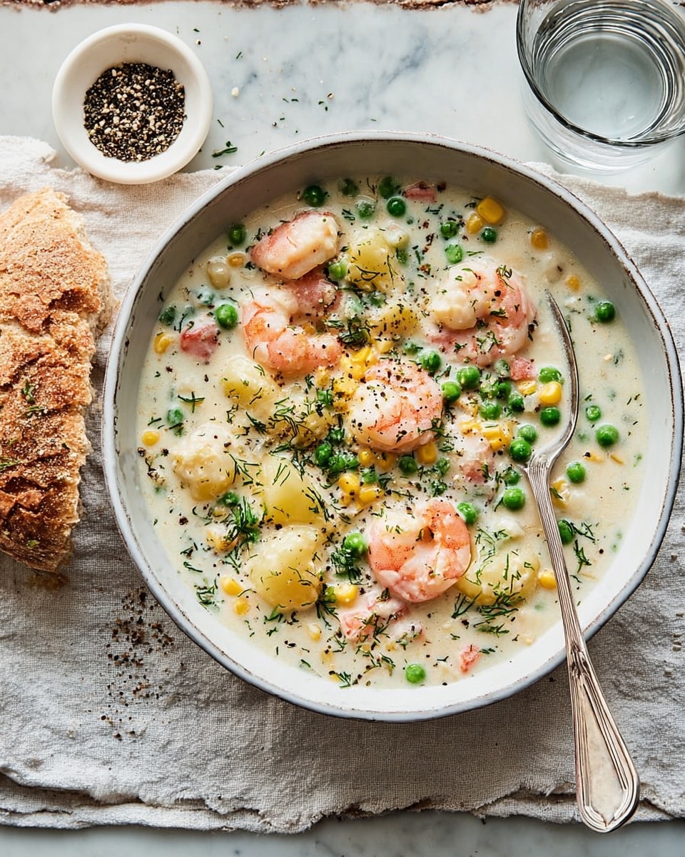 A white bowl filled with creamy shrimp chowder sits on a white marbled surface, placed on top of a rustic blue plate. The chowder has a white, thick base mixed with bright orange shrimp, yellow corn kernels, green peas, and small pieces of potatoes, all sprinkled with fresh chopped green herbs and black pepper. A silver spoon is partially submerged on the right side of the chowder. To the left, there is a small white bowl with crushed black pepper and a torn piece of crusty bread on the blue cloth beneath, with breadcrumbs scattered around. The setting includes a clear glass of water at the top right corner. photo taken with an iphone --ar 4:5 --v 7