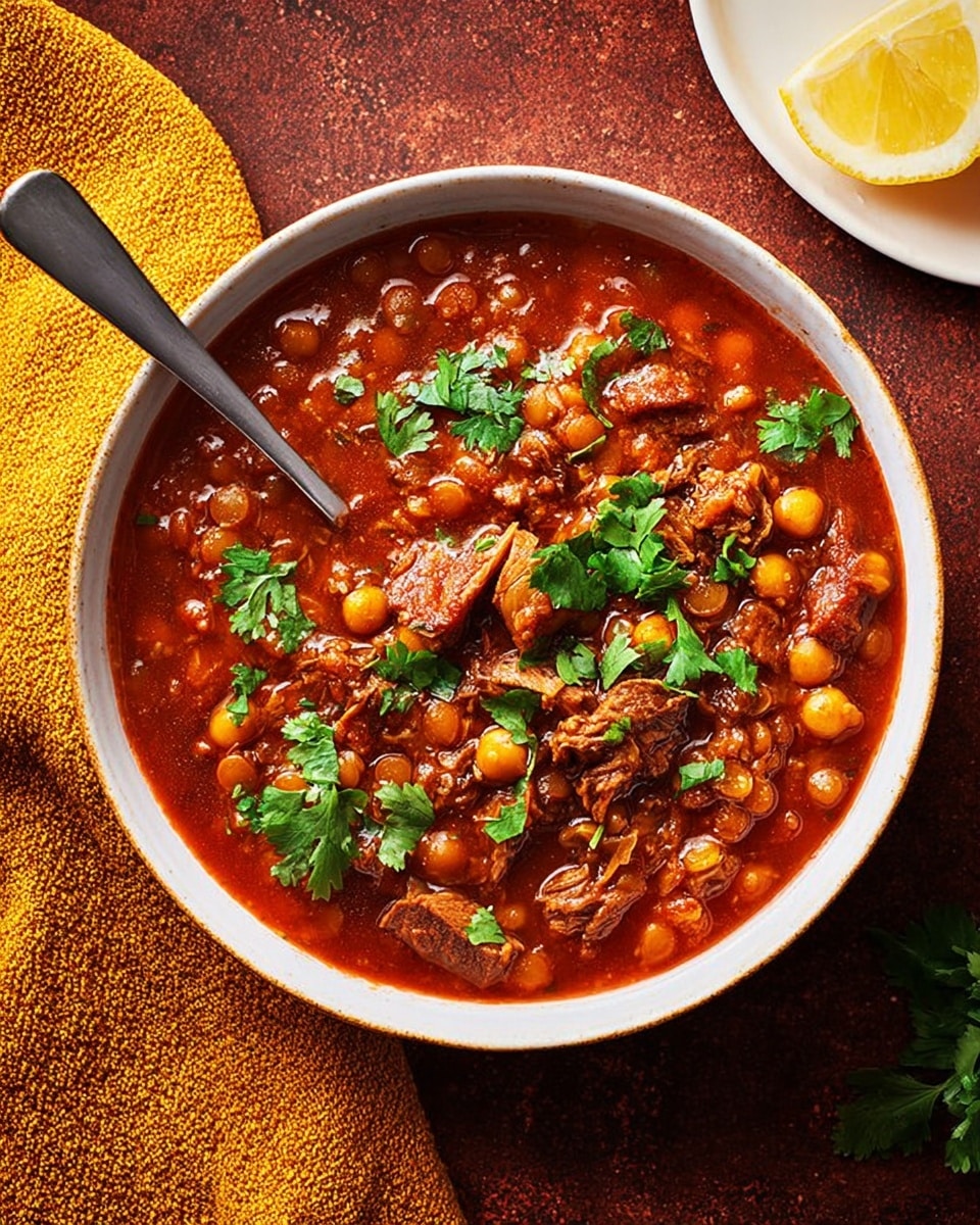 A white bowl filled with a thick stew featuring three layers of rich, reddish-brown sauce mixed with lentils and chickpeas, topped with chunks of tender meat and fresh green cilantro leaves scattered on top, creating a contrast of colors and textures, with a silver spoon resting inside the bowl on the right side, placed on a white marbled surface next to a folded yellow cloth and a partial view of a lemon wedge on a white plate in the upper right background, photo taken with an iphone --ar 4:5 --v 7