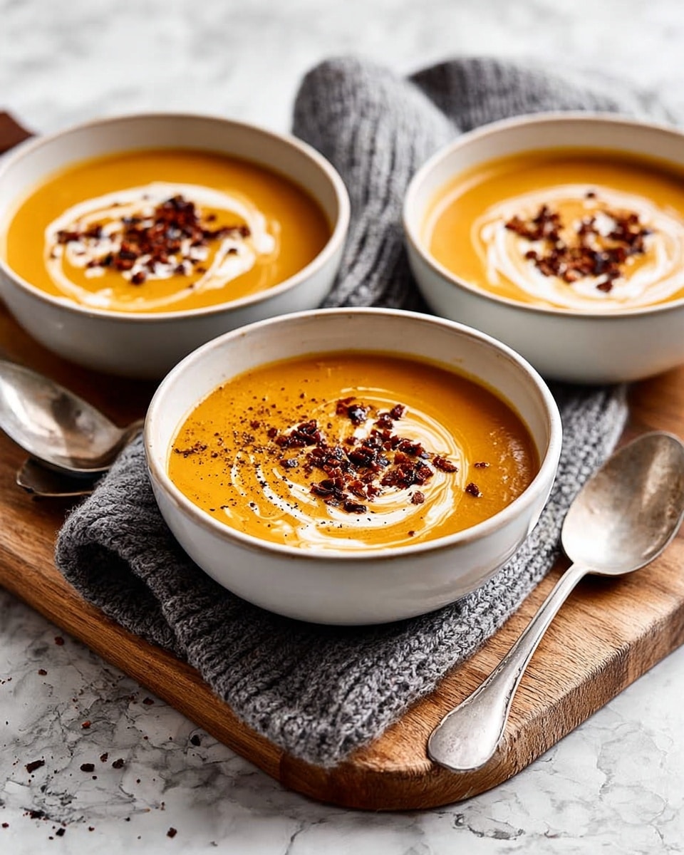 Three white bowls filled with thick orange soup, each topped with a swirl of white cream and sprinkled dark brown toasted nuts or seeds, creating a textured contrast on the smooth soup surface. The bowls are placed on a worn wooden board with some scattered bits beside them, and two metallic spoons rest to the right on a grey knitted cloth. The background is a white marbled texture, giving a clean and light setting. photo taken with an iphone --ar 4:5 --v 7