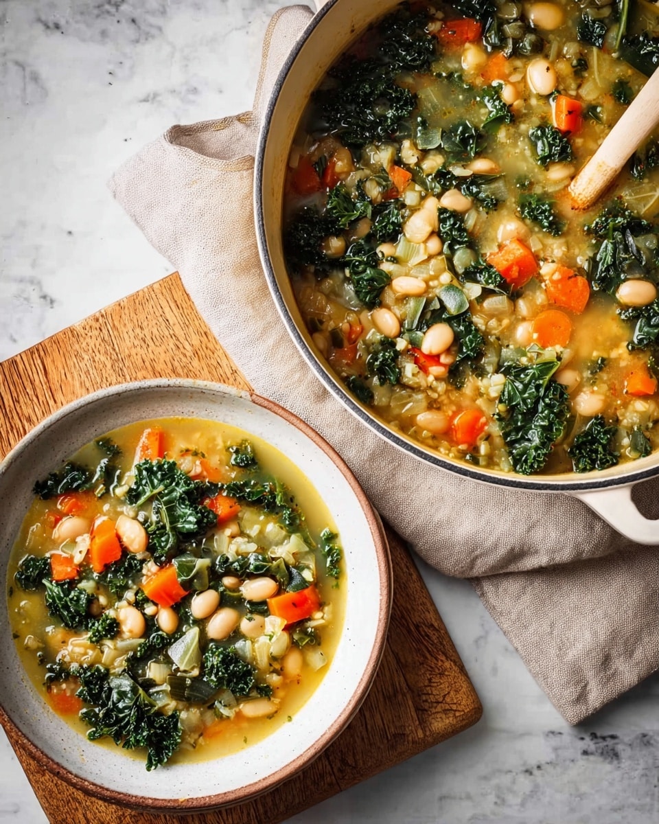 A white pot filled with a thick vegetable soup sits on a beige cloth over a wooden board on a white marbled surface. The soup has a clear broth and contains three main layers: the bottom layer is light green with softened yellow grains and chickpeas, the middle layer includes chopped bright orange carrots and white potatoes, and the top layer is covered with dark green kale leaves. Next to the pot is a white bowl placed on a white plate that holds a similar portion of the soup, showing all the colorful vegetable layers clearly. photo taken with an iphone --ar 4:5 --v 7