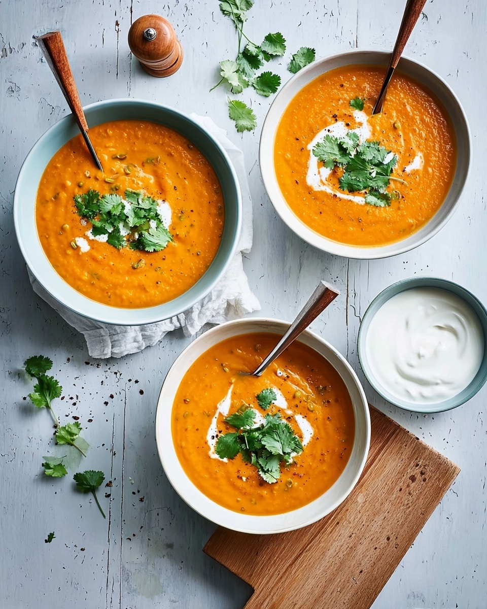 The image shows three bowls of thick, orange soup, each topped with a dollop of white cream and a sprinkle of fresh green herbs, likely cilantro. The soup has a smooth texture with small chunks visible throughout. Two white bowls and one light blue bowl hold the soup, each with a wooden-handled spoon resting inside or nearby. A small white bowl with a spoon filled with white cream sits on a white marbled textured surface next to a pepper grinder and a few loose green herb leaves scattered around. The overall look is cozy and fresh, with a clean and simple presentation. photo taken with an iphone --ar 4:5 --v 7