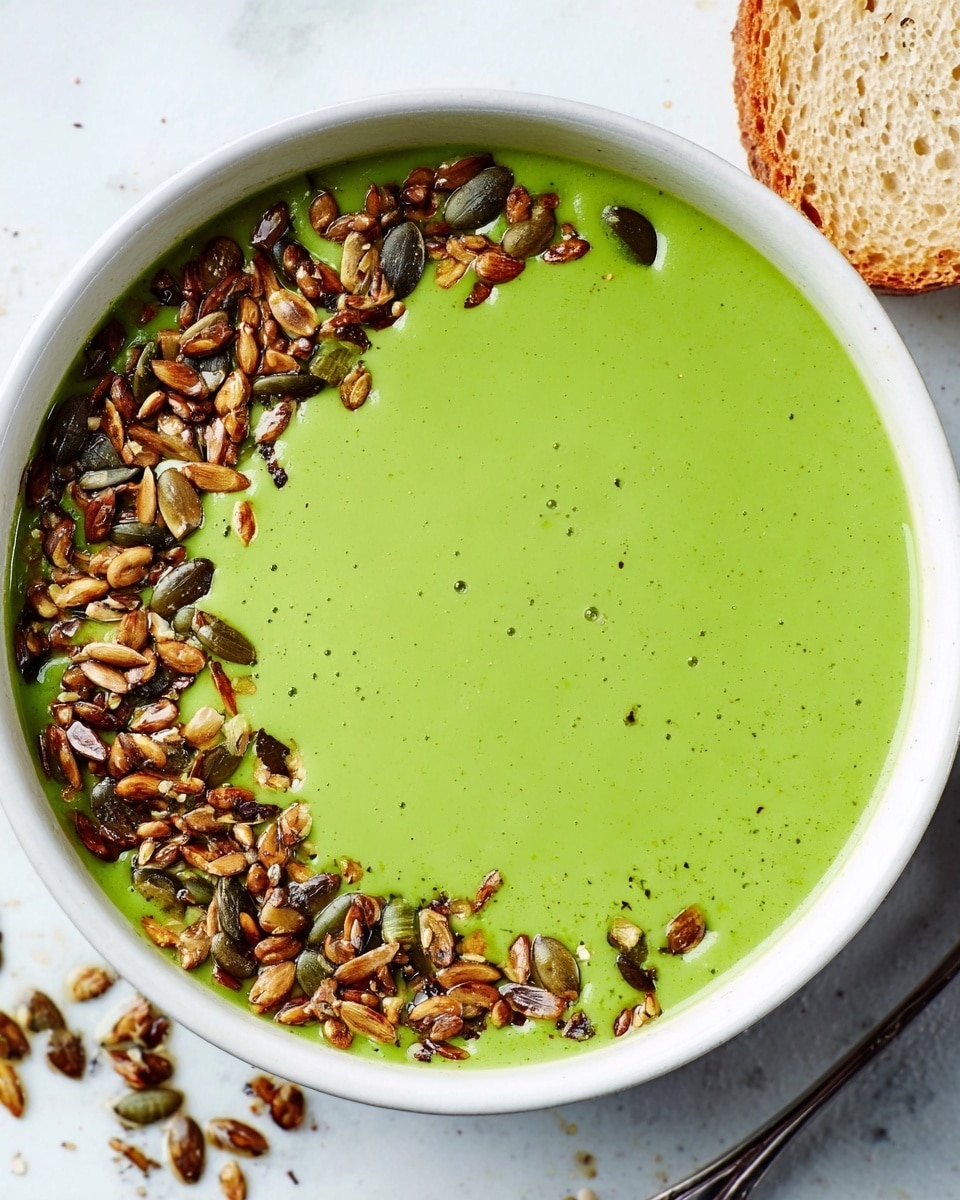 A white bowl filled with smooth, bright green soup that has a creamy texture, covering most of the bowl's surface. On the right side of the soup, there is a curved line of toasted mixed seeds, including pumpkin and sunflower seeds, adding a crunchy texture and brown-orange colors. The bowl is placed on a white marbled surface, with a piece of light beige bread visible in the top right corner. Some scattered seeds are also seen around the bowl. photo taken with an iphone --ar 4:5 --v 7