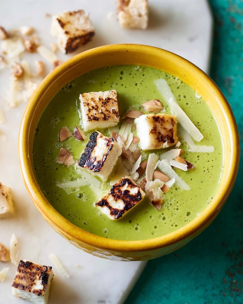 A white bowl filled with a smooth, bright green soup that looks fresh and creamy. On top of the soup, there are three thick, toasted cubes of white cheese with grill marks and a slightly rough texture, sprinkled with small pieces of grated pale yellow cheese and a few toasted hazelnuts scattered around. The bowl is placed on a white marbled surface with a few more grilled cheese cubes nearby, adding a casual, inviting feel. Photo taken with an iphone --ar 4:5 --v 7