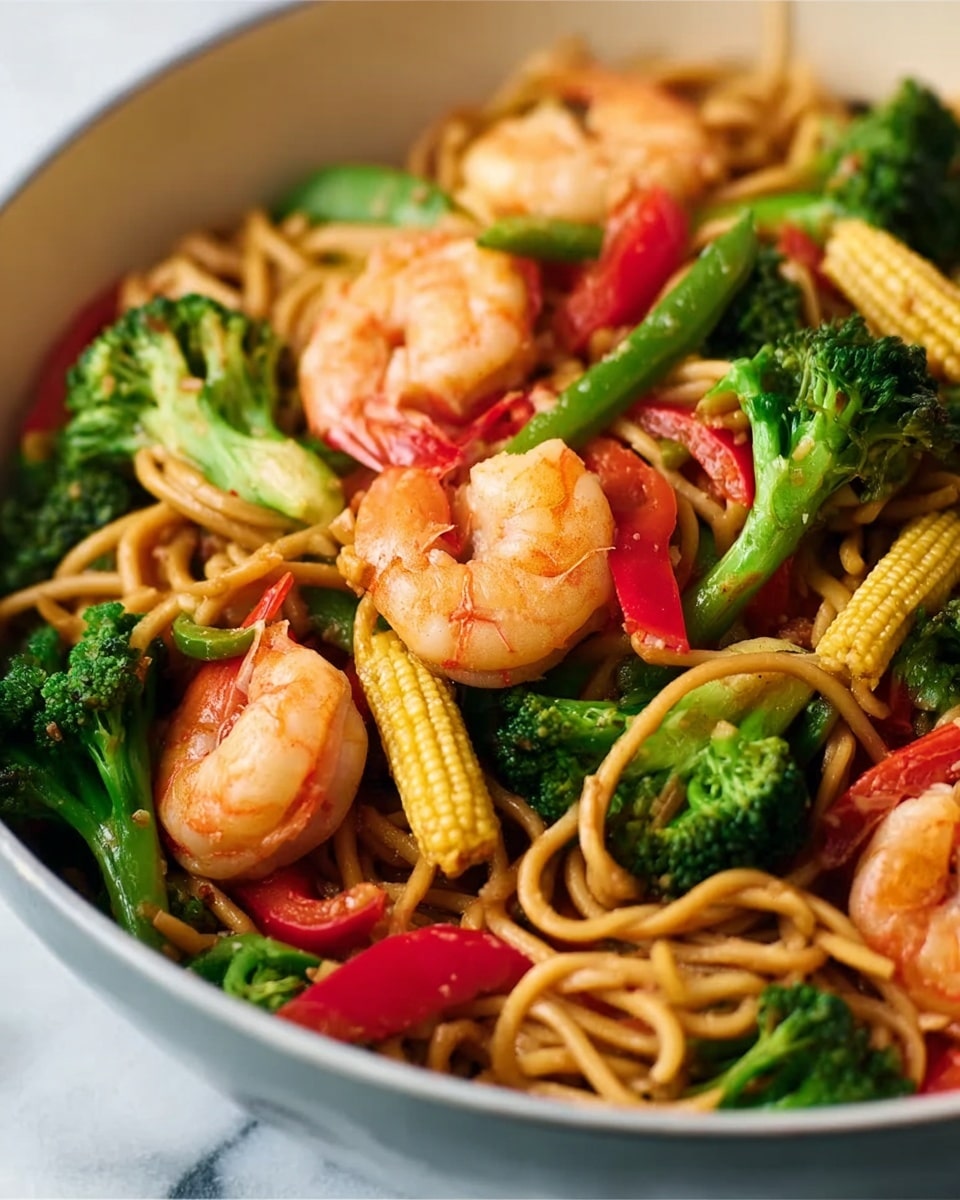 A close-up view of a white bowl filled with stir-fried noodles layered with bright green broccoli florets, light yellow baby corn, pink shrimp, and small pieces of red bell pepper scattered evenly on top. The noodles are light brown and twisted throughout the dish, providing texture and depth. The broccoli appears fresh and crisp, contrasting with the soft shrimp and tender baby corn. The background shows a white marbled texture. photo taken with an iphone --ar 4:5 --v 7
