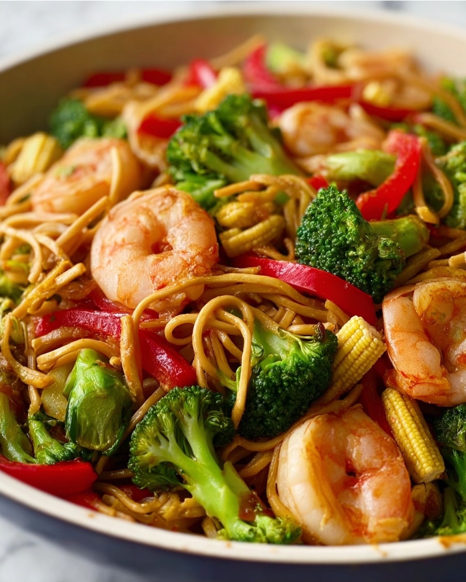 A close-up view of a colorful stir-fry dish in a white bowl, showing three main layers: the bottom layer has light brown noodles with a slightly glossy texture, the middle layer is filled with bright green broccoli florets and yellow baby corn, and the top layer has pink shrimp curled around the vegetables, with some red bell pepper pieces scattered throughout. The dish sits on a white marbled surface, and the colors of the ingredients stand out sharply against the bowl. photo taken with an iphone --ar 4:5 --v 7