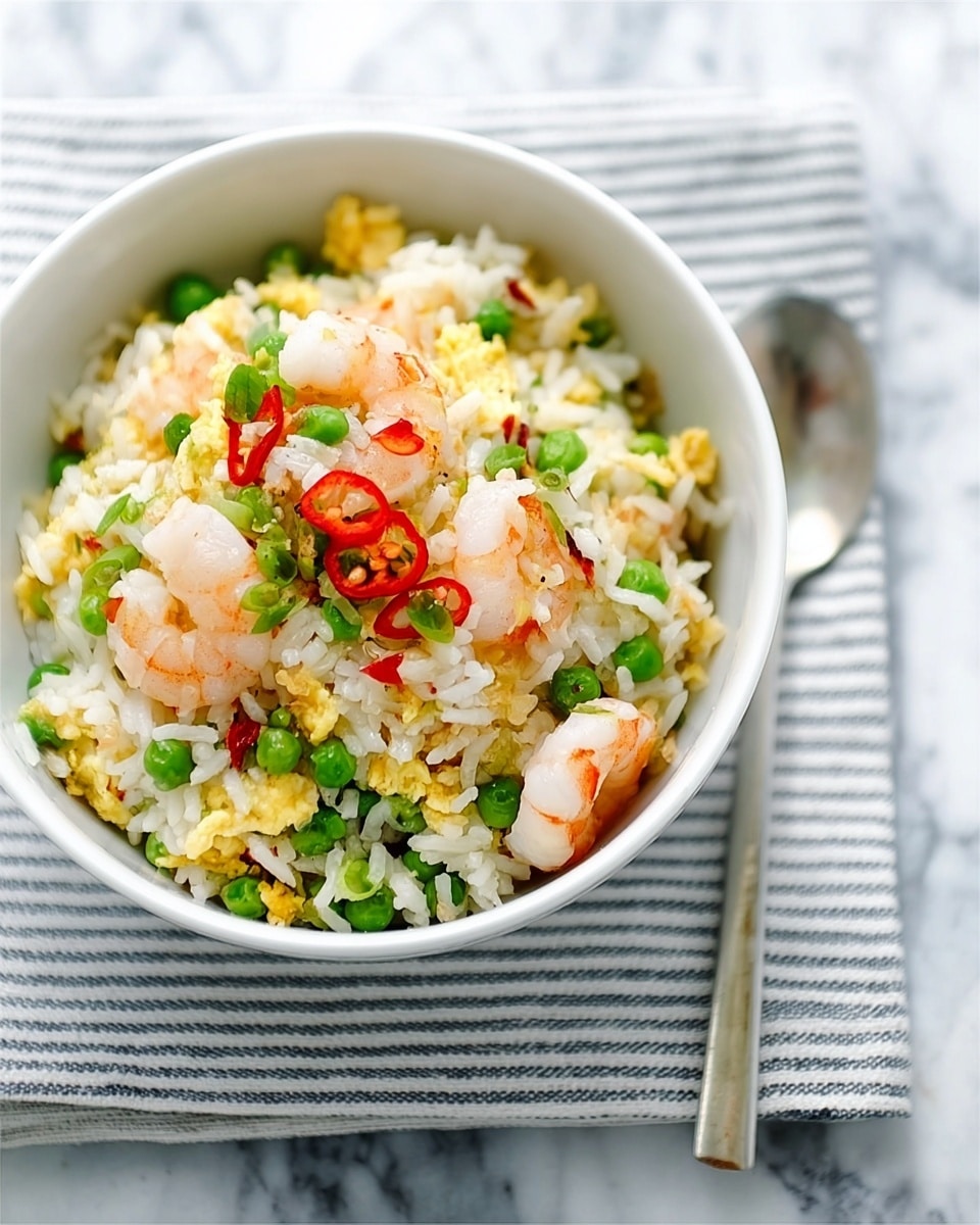 A white bowl filled with a layered shrimp fried rice dish sits on a blue and white striped cloth over a white marbled surface. The bottom layer is white rice, mixed with small green peas scattered throughout. On top of the rice are pieces of cooked shrimp, pinkish with a slight char, mixed with scrambled eggs that are light yellow and fluffy. Thin slices of red chili and golden fried shallots are sprinkled on the very top as garnish. A spoon rests to the right of the bowl. The photo taken with an iphone --ar 4:5 --v 7