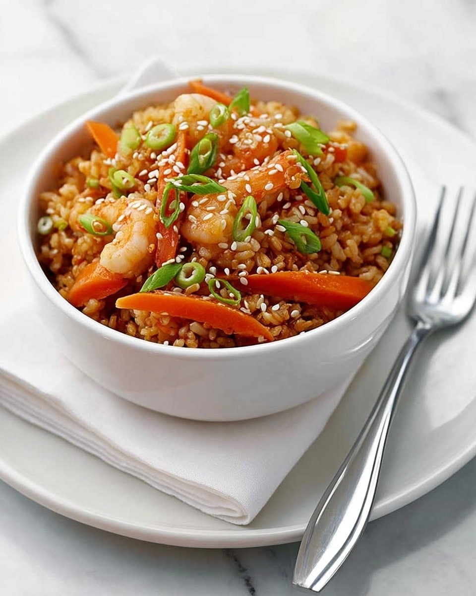 A white bowl filled with a colorful fried rice dish sits on a white plate with a white napkin beneath it. The rice is light brown, mixed with bright orange carrot slices, small beige shrimp, and green onion pieces scattered throughout. The dish is topped with sprinkled white sesame seeds that add texture. Next to the bowl, a silver fork rests on the plate, all placed against a white marbled surface. photo taken with an iphone --ar 4:5 --v 7