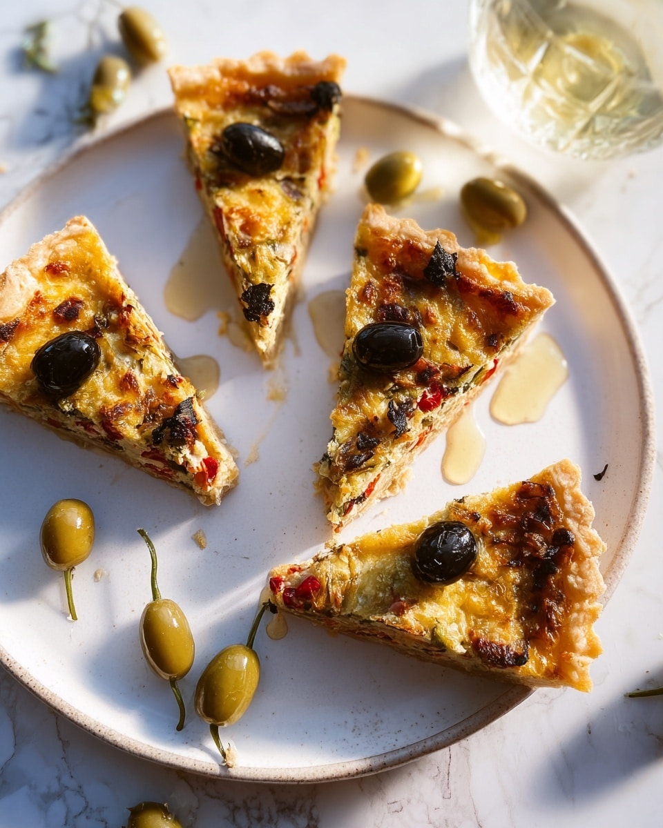 The image shows five triangular slices of a vegetable tart arranged on a large white plate. The tart has three visible layers: a golden, flaky crust at the bottom, a middle layer of bright red roasted peppers and dark green leafy vegetables, and a top layer with a mix of melted yellow cheese, small pieces of browned caramelized onions, and black olives. Scattered around the tart slices on the plate are green olives and three pairs of large, olive-green caper berries with long stems. Light yellow olive oil is drizzled over the tart slices and plate, adding a glossy texture. The surface beneath the plate has a white marbled texture. photo taken with an iphone --ar 4:5 --v 7