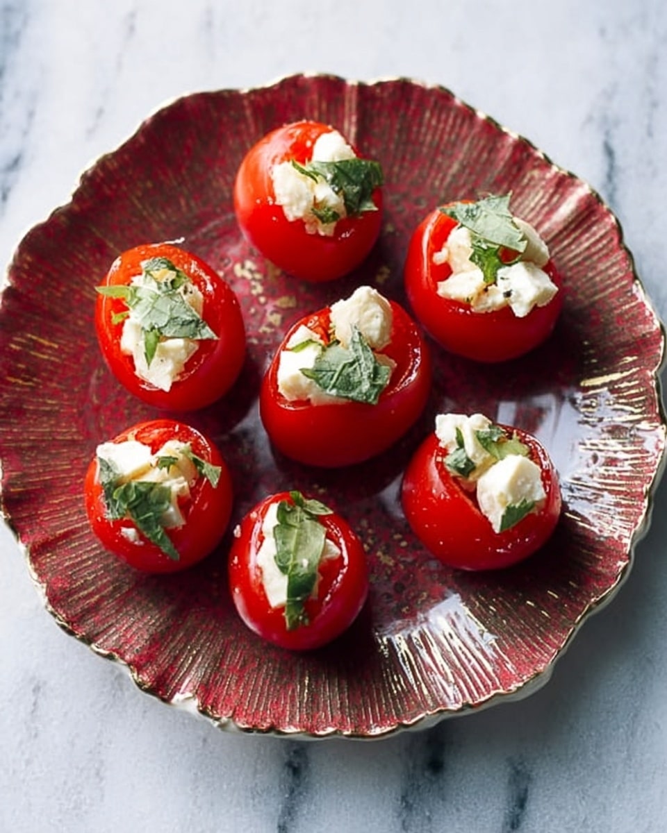 The image shows seven small round red stuffed peppers arranged in a white scalloped bowl on a white marbled surface. Each pepper has a hollow top filled with a creamy white cheese and sprinkled with small green herb leaves. The red peppers have a smooth, shiny texture, while the cheese looks soft and slightly crumbly. The herbs add a fresh touch on top of the cheese filling. Photo taken with an iphone --ar 4:5 --v 7