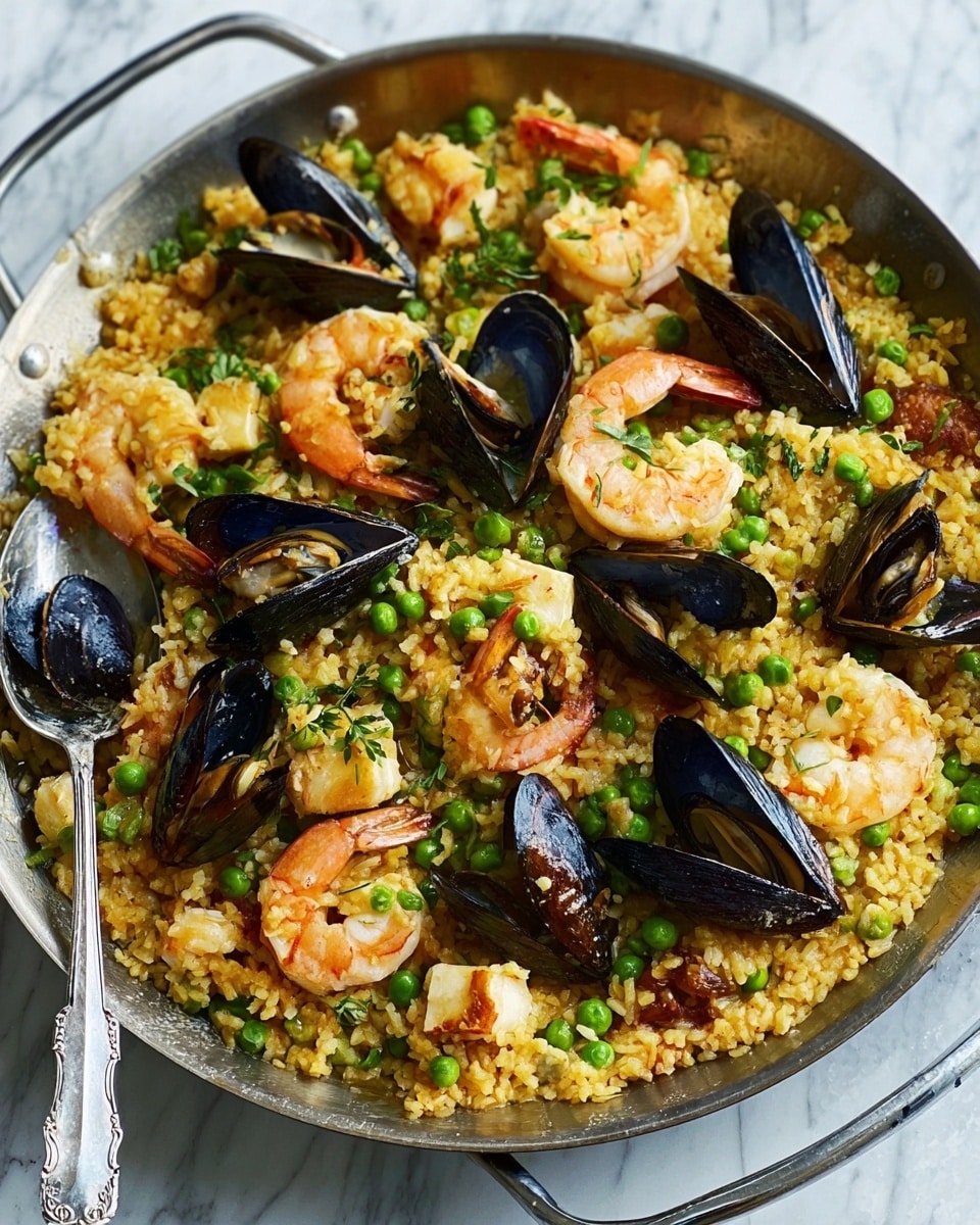 A shallow silver pan filled with a layered seafood paella resting on a white marbled surface, the bottom layer is golden yellow rice mixed with small bright green peas. On top are large pink shrimp with curled tails and black-shelled mussels half open revealing orange flesh. Scattered pieces of white fish add more texture among the prawns and mussels, with more green peas spread evenly over the dish. A silver spoon lies inside the pan on the left side. The whole dish looks warm and colorful. photo taken with an iphone --ar 4:5 --v 7