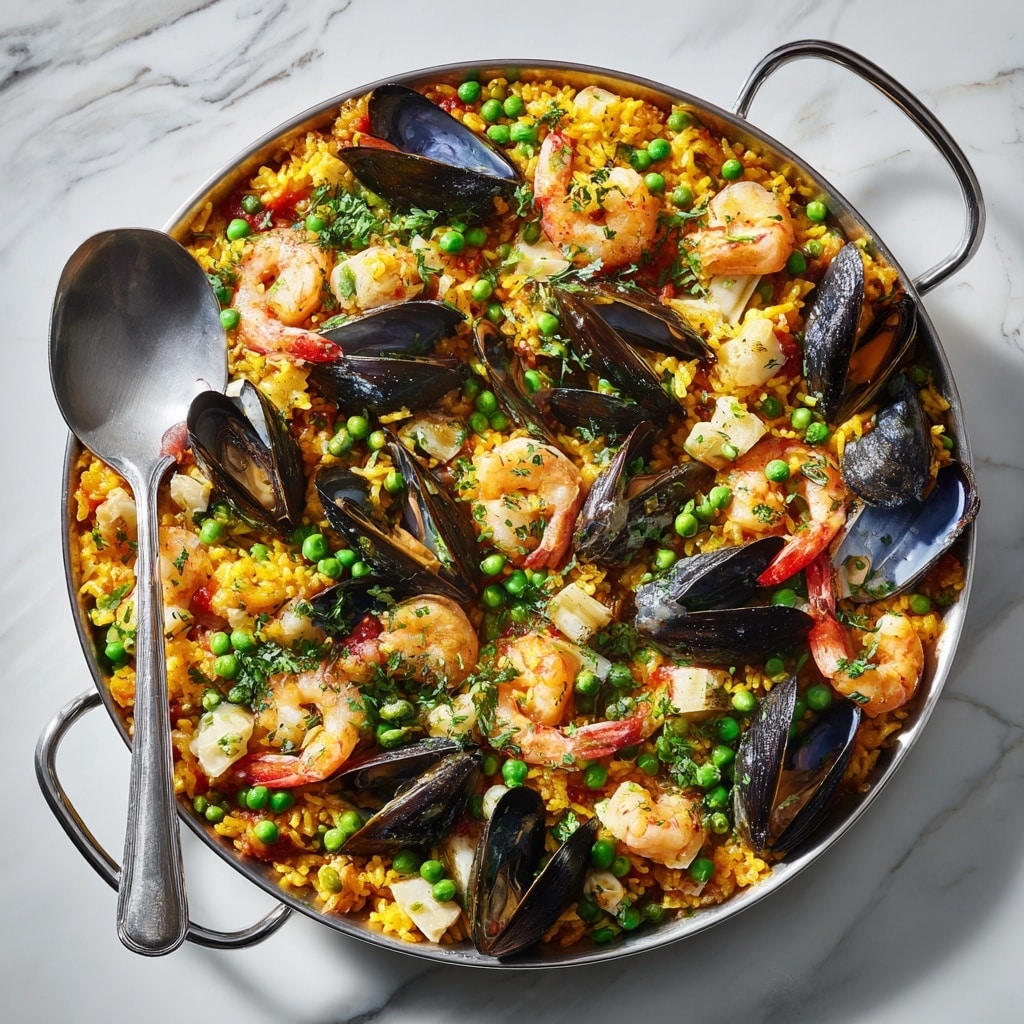 A large round metal pan with two handles holds a seafood rice dish layered with golden-yellow rice as the base, mixed with bright green peas scattered evenly throughout. On top, there are large pink shrimp with tails, black mussel shells with orange meat inside, and chunks of white fish, creating a mix of colors and textures. A silver spoon rests on the left side of the pan, slightly digging into the rice. The pan is placed on a white marbled surface, with small green herb pieces sprinkled lightly around. Photo taken with an iphone --ar 4:5 --v 7