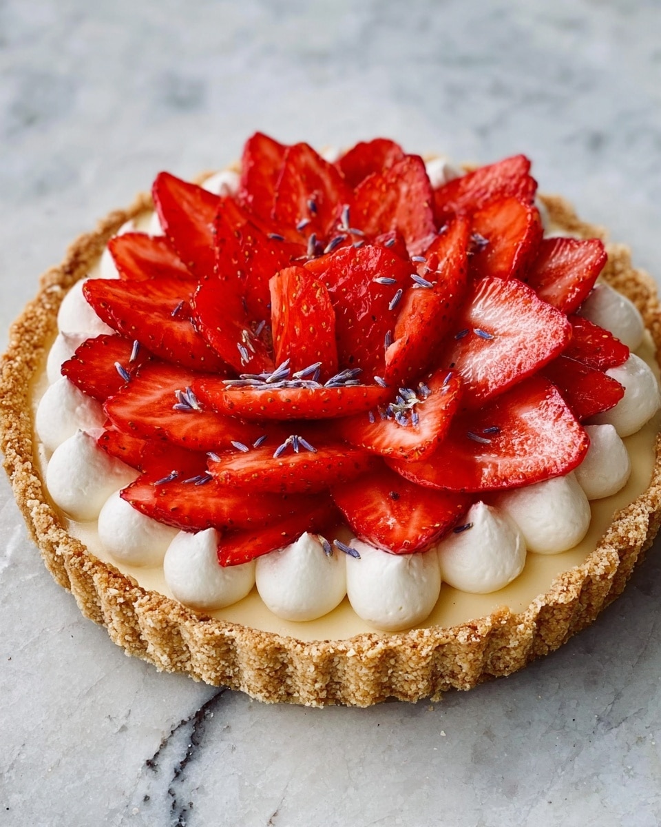 A round tart with a golden-brown crust sits on a rough silver surface. It has a layer of white whipped cream piped in small dollops all over the top inside the crust. On top of the cream, there are three layers of red strawberry slices arranged in overlapping circles, starting from the outer edge and going to the center, with tiny purple lavender flowers sprinkled lightly on the strawberries and cream. Photo taken with an iphone --ar 4:5 --v 7