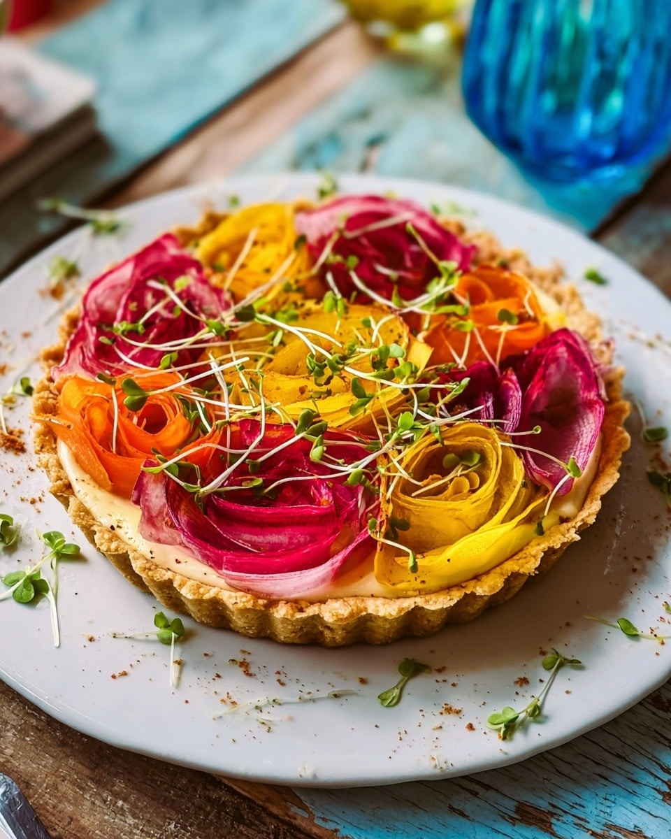 A round tart with a golden-brown crust fills a white plate, topped with thin, colorful layers of beet slices in shades of deep red, bright yellow, and light pink with red rings, arranged in a flower-like swirl at the center. Around the beets, fine green sprouts scatter evenly over a creamy light orange spread that covers the tart’s surface. The background is a white marbled texture, and there are small details like a blue decorative item and cutlery nearby. Photo taken with an iphone --ar 4:5 --v 7