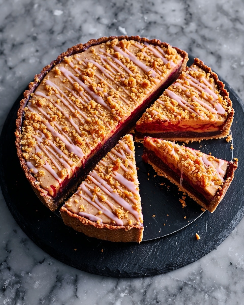 A round pie on a black plate on a white marbled surface has a dark crust around the edge. The pie is cut into five slices, with one slice slightly pulled out to reveal three layers: a bottom red fruit layer, a middle crumbly golden layer, and the dark crust at the bottom. The top of the pie is sprinkled with small crushed pieces and drizzled with light pink icing in thin lines across the top layer. Photo taken with an iphone --ar 4:5 --v 7