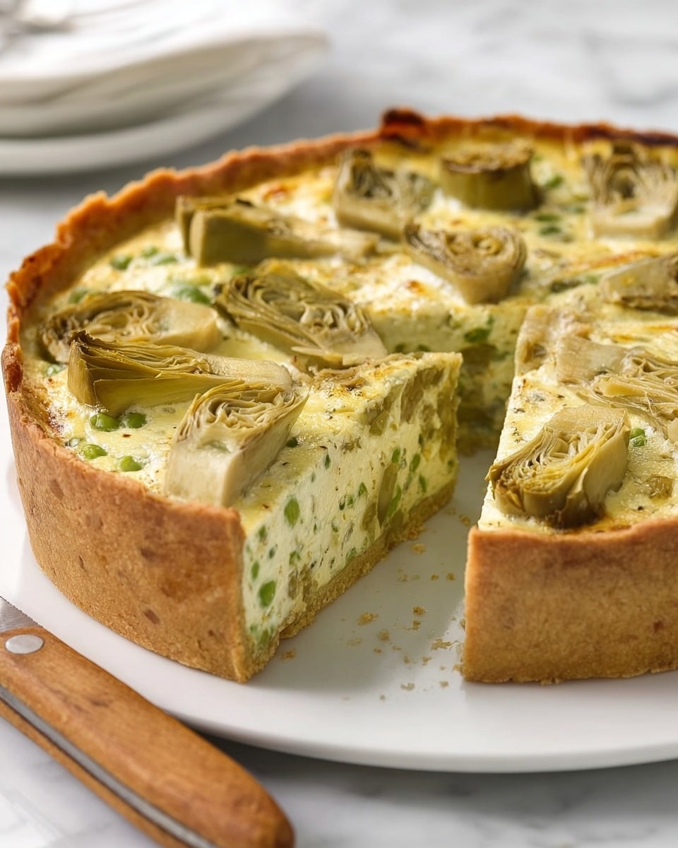 The image shows a white plate holding a whole quiche with a slice cut out and slightly separated. The quiche has a light golden, crisp crust with scalloped edges. The inside filling is pale yellow with small green pieces, likely vegetables, evenly mixed throughout. On top, there are halved artichoke hearts arranged in a circle, their light green and creamy tones contrasting with the softer yellow custard. The background features a white marbled texture and a few stacked white plates are visible in the distance. A knife with a wooden handle lies near the slice, and a woman's hand is poised to serve it. Photo taken with an iphone --ar 4:5 --v 7