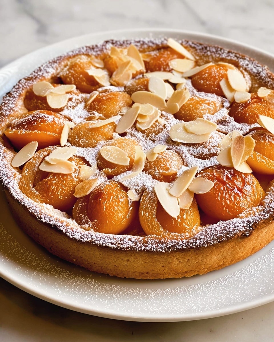 A round tart with a fluted crust, filled with about nine whole baked apricots arranged closely together in a single layer, each apricot half showing a soft orange color and slightly browned edges. The tart filling is lightly browned and dusted with powdered sugar, creating a fine white layer on top and around the apricots. Thinly sliced almonds are scattered evenly over the entire surface, adding texture and contrast to the orange fruit and white powdered sugar. The tart sits on a simple white plate, placed on a white marbled surface. photo taken with an iphone --ar 4:5 --v 7