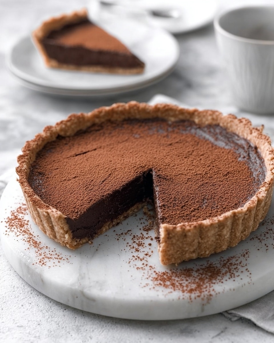 A round chocolate tart with a crumbly brown crust and a smooth, dark chocolate filling. The top of the tart is dusted evenly with cocoa powder, giving it a soft, velvety texture. One slice has been removed, showing the thick, creamy inside that contrasts with the firmer crust around the edge. The tart sits on a round white marble board that has some cocoa powder sprinkled around the base. In the background, a slice of the tart rests on a small white plate, and a white cup is also visible. The surface beneath everything is white marble. photo taken with an iphone --ar 4:5 --v 7