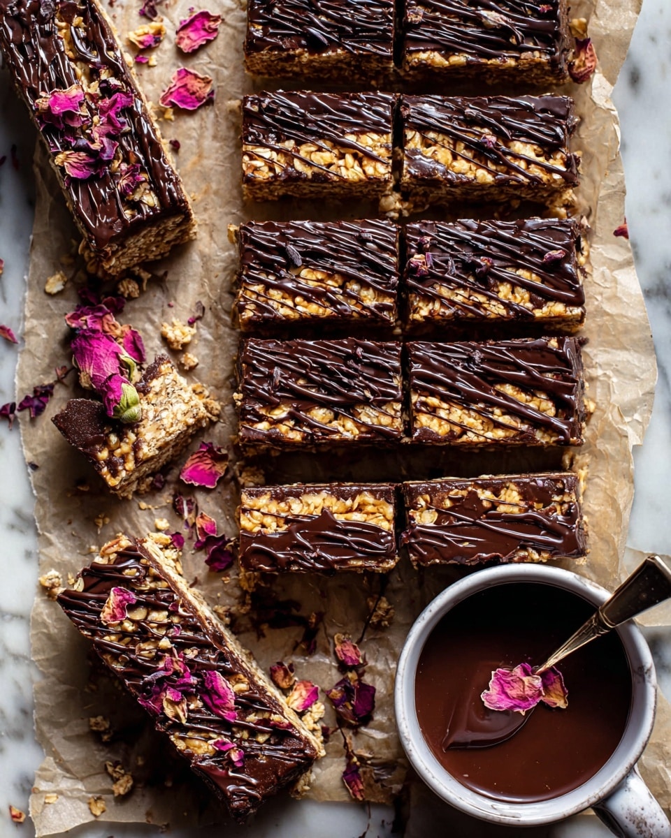 The image shows a snack made of golden, chewy oat bars, cut into rectangular pieces and arranged on parchment paper with a white marbled texture underneath. Each bar has several layers: a light tan oat base, a thick, rich dark chocolate layer on top in some pieces, and a glossy drizzle of dark chocolate spread unevenly over all bars. Scattered dark pink rose petals add a pop of color on the bars and the surface. A small cup filled with melted dark chocolate, decorated with a dried rose, sits near the top right. The oat bars have a slightly rough texture contrasted by the smooth, shiny chocolate drizzle and chunks. Photo taken with an iphone --ar 4:5 --v 7